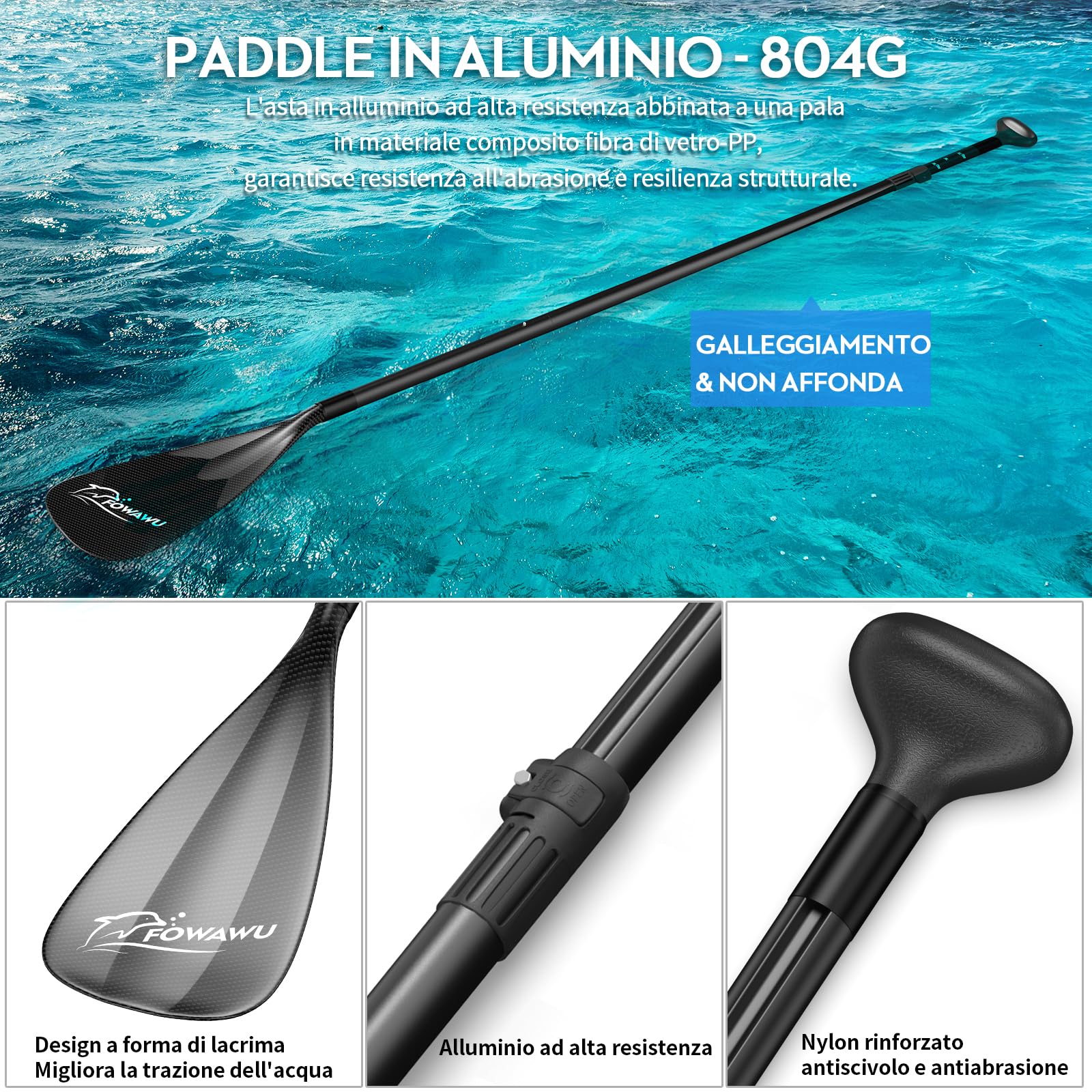 FOWAWU Pagaia SUP Alluminio, Leggero 1.77 lbs (804g) Pagaia da 3 pezzi per SUP Stand Up Paddle Board, Remo per Sup Regolabile Telescopica 160 cm – 210 cm