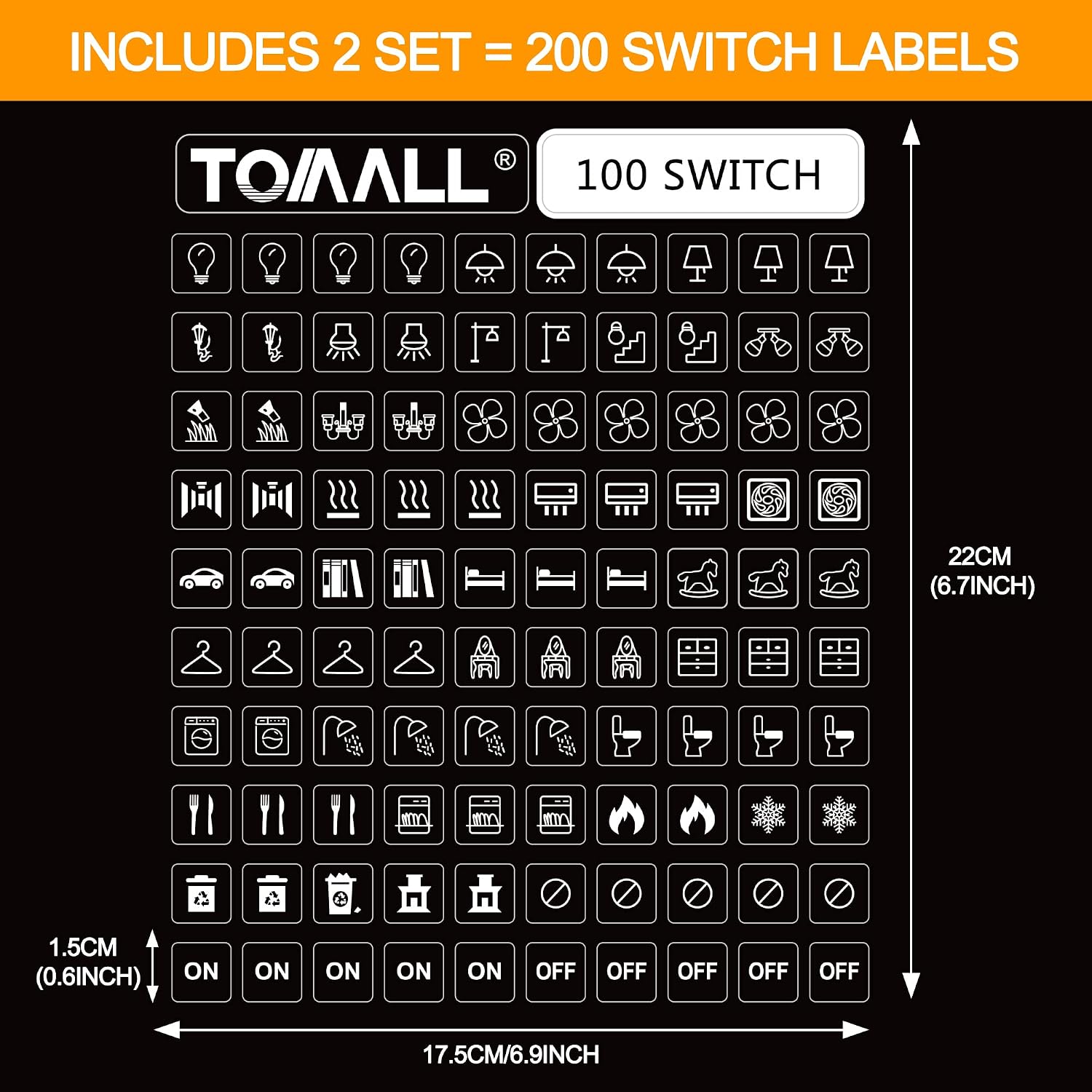 TOMALL 200Pcs Light Switch Labels Icon Stickers Household Transparent Light Fan Heater Bed Bathroom Kitchen Garage Laundry Room Switch Label Graphic Kit for Home Office School Public Places (White) image 2