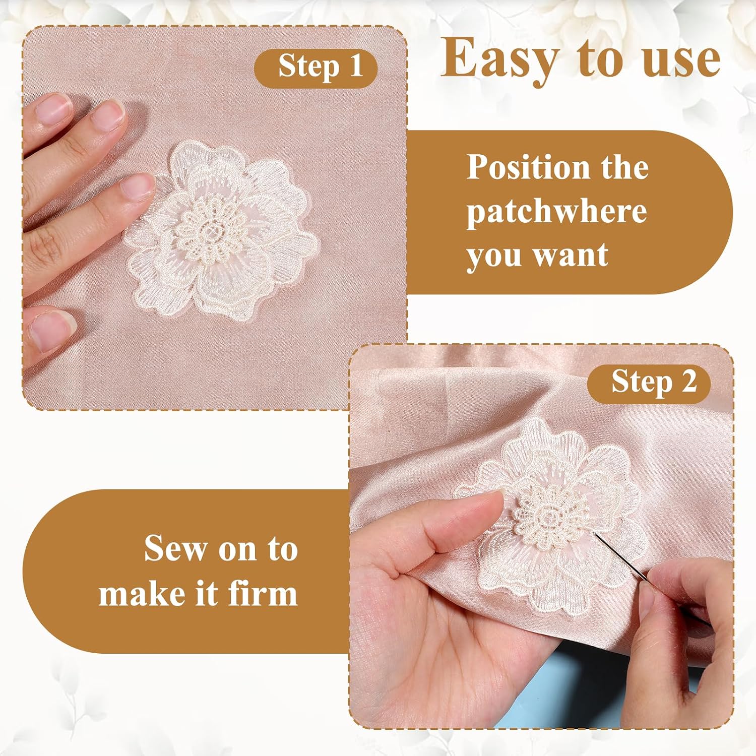 10 Pcs Flower Lace Embroidered Applique, Lace Flower Patches Organza Patches Flowers Applique for DIY Wedding Dress Sewing Craft Clothing Jeans Jackets Bags (Beige)