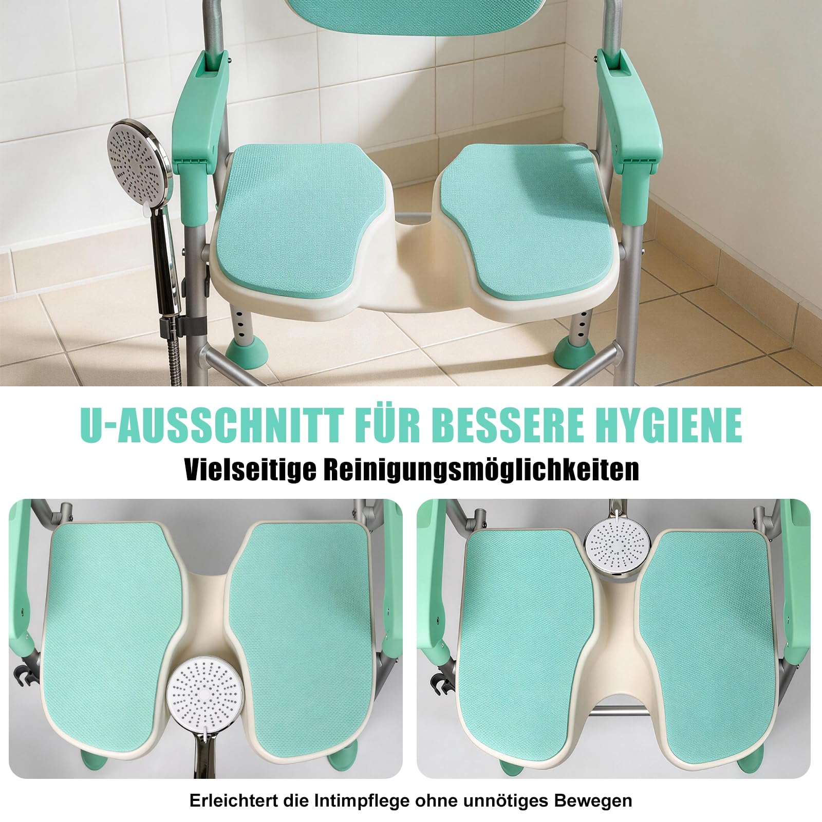 Klappbarer Duschstuhl U-Form, Duschhocker Platzsparend für Senioren & Behinderte, Belastbar bis 158kg, Badestuhl mit Armlehnen & Polsterung, Stabiler Duschsitz für Kleine Duschen