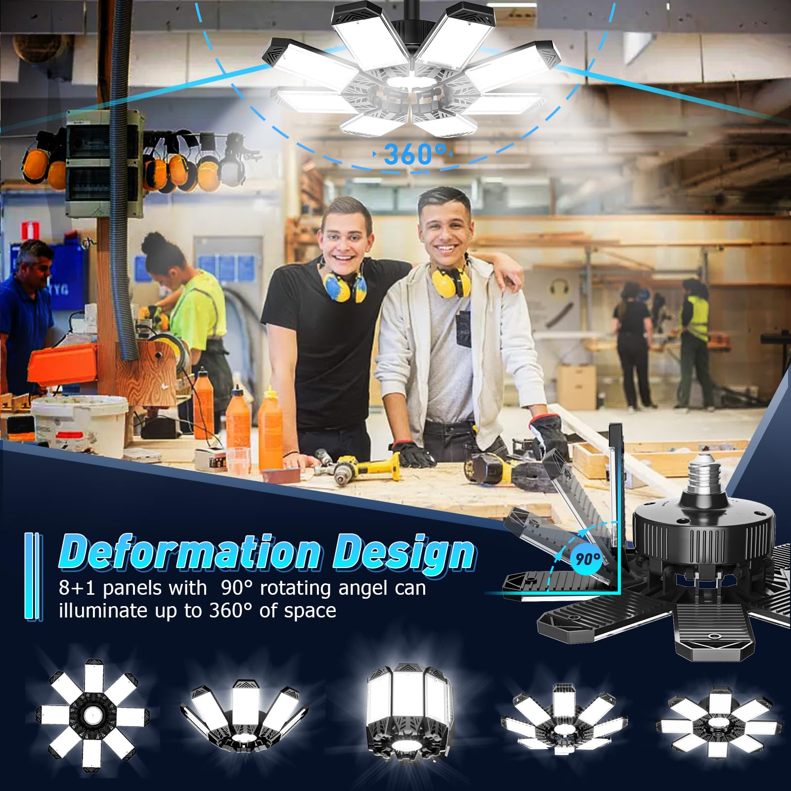 Garagenlampe LED 210W - 6 Stück 21000LM 6500K Sehr Helle LED Werkstatt Deckenleuchte mit 8+1 verstellbarem Panel, Einschraubbare E26/E27 Fassungen Garagenbeleuchtung für Garage, Lager, Keller