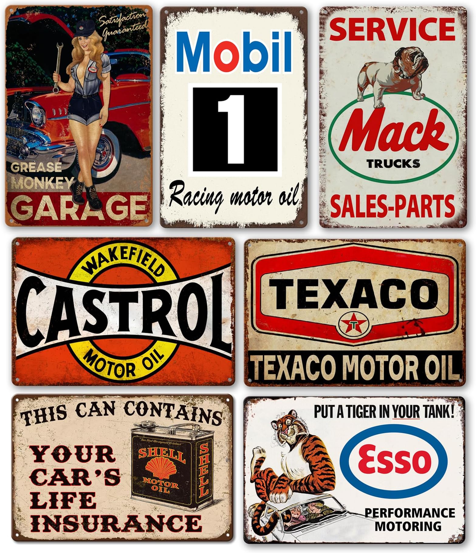 Vintage Metal Garage Signs for Men, Gas Station Tin Signs, Man Cave Decor Old Car Signs Shop Sign Oil Decor Motorcycle Posters Auto Gasoline Wall Decorations Bar Kitchen Accessories 7 Pces 8×12 Inch