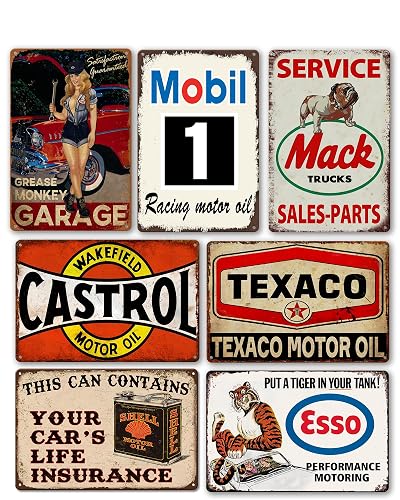 Vintage Metal Garage Signs for Men, Gas Station Tin Signs, Man Cave Decor Old Car Signs Shop Sign Oil Decor Motorcycle Posters Auto Gasoline Wall Decorations Bar Kitchen Accessories 7 Pces 8×12 Inch