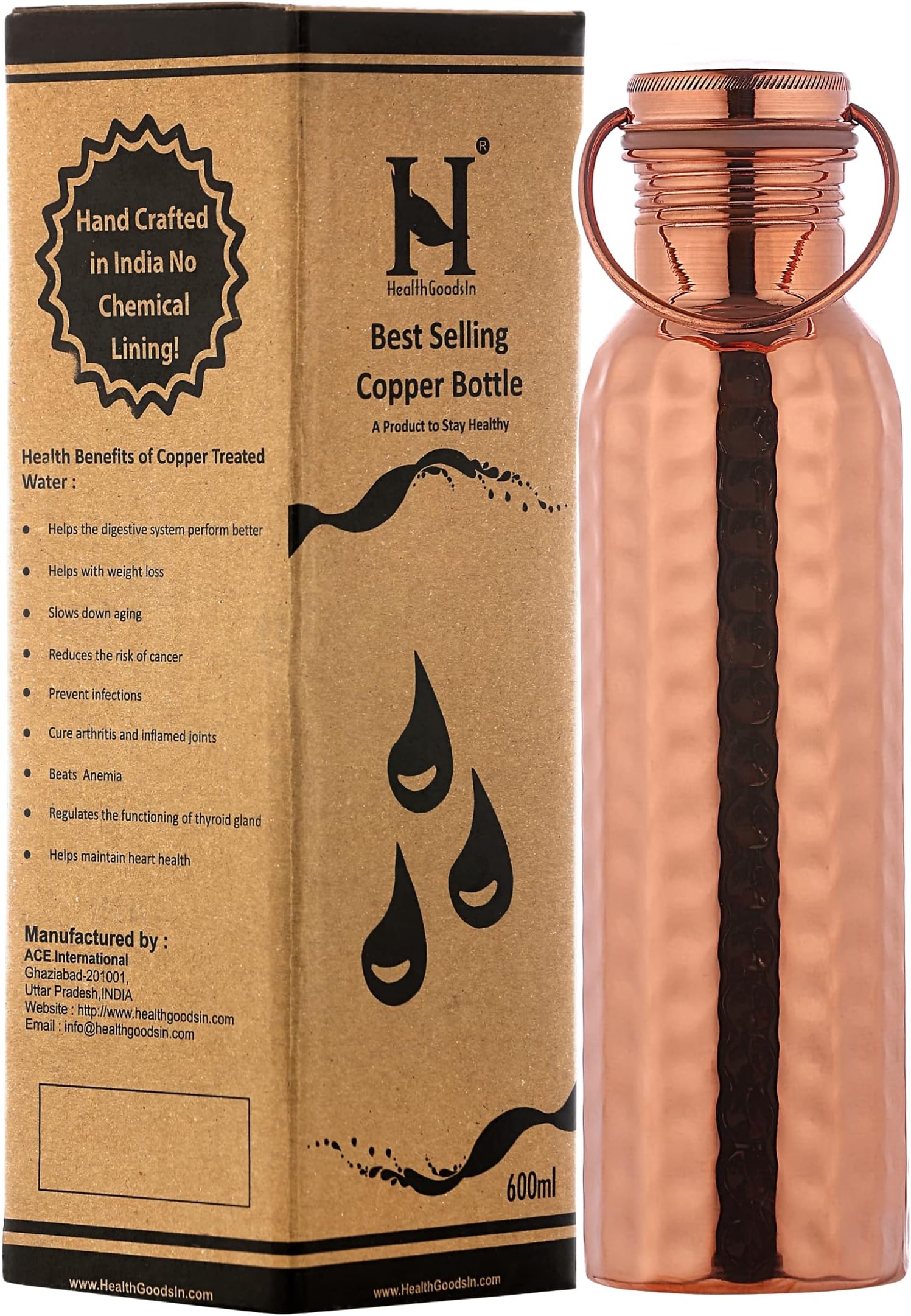 HealthGoodsIn - Pure Copper Hammered Water Bottle with Carrying Handle 600 Ml (20.28 Fluid Ounce) | Seamless Leakproof Water Bottle for Ayurvedic Benefits