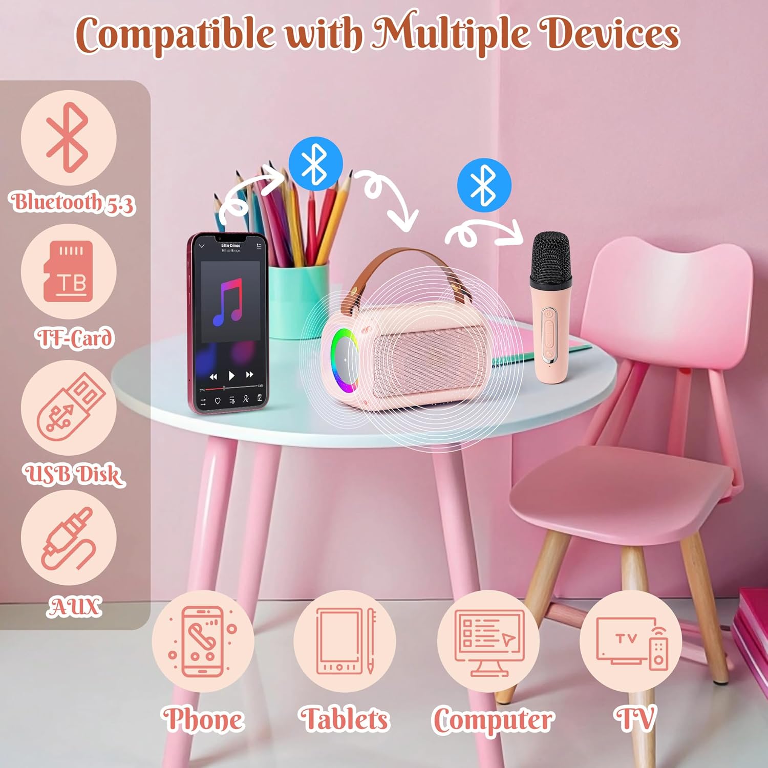 MALLMALL6 Mini Karaoke Machine with 2 Wireless Microphone for Kids Portable Bluetooth 5.3 Karaoke Mic LED Color Lights Speaker Christmas Birthday Family Home Party Toys Gift for Boys Girls Pink - Image 5