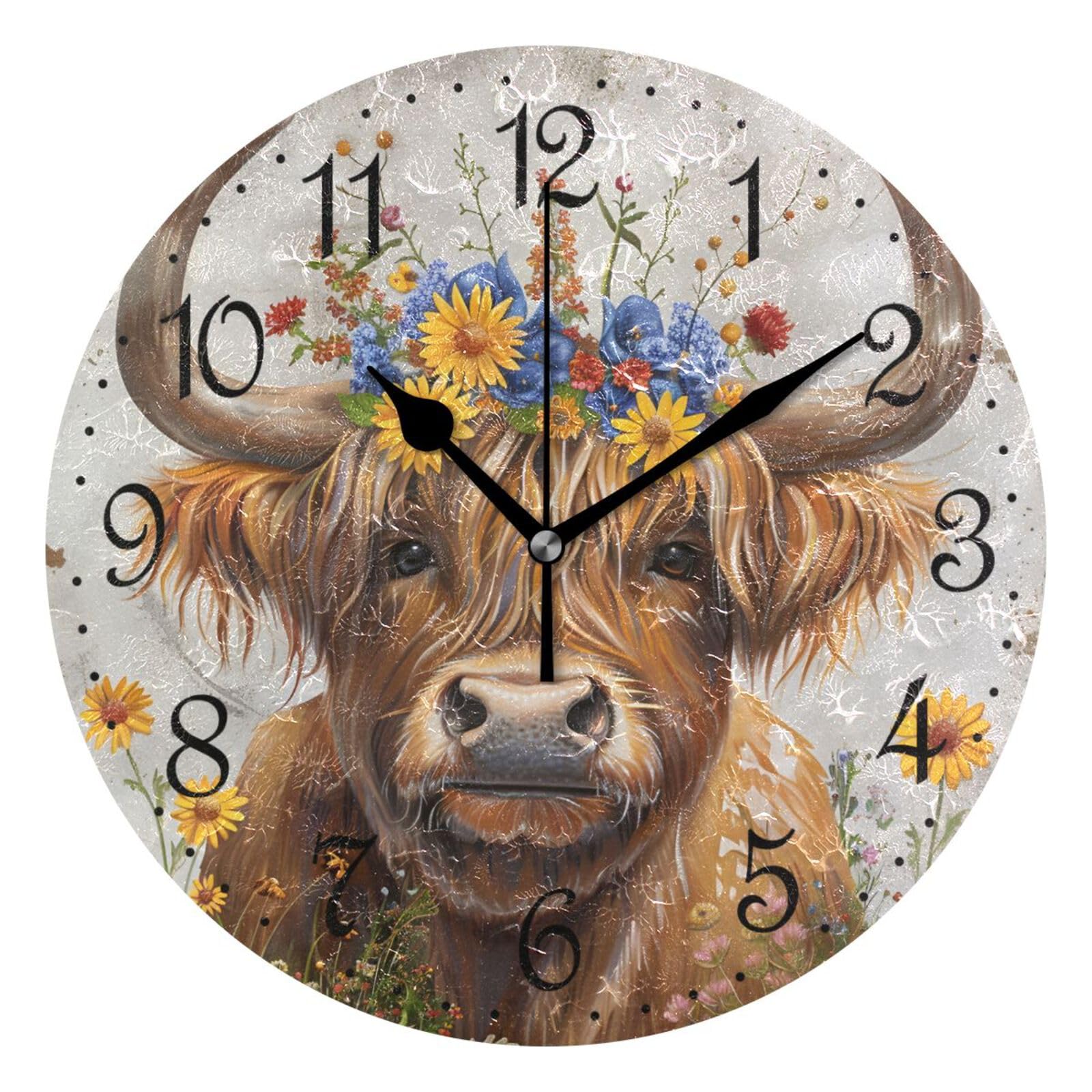 Mnsruu Wall Clock Cute Highland Cow Flowers, Silent Non-Ticking Decorative Wall Clocks Battery Operated 25x25cm