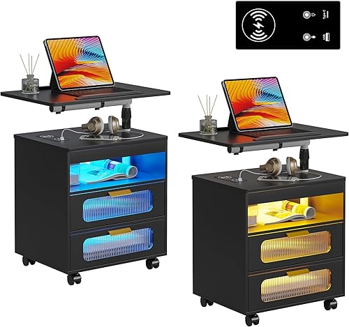 Miniatura 1 de HNEBC Juego de 2 mesitas de noche, mesita de noche LED con estación de carga inalámbricapuertos USB, mesita de noche inteligente con estación de
