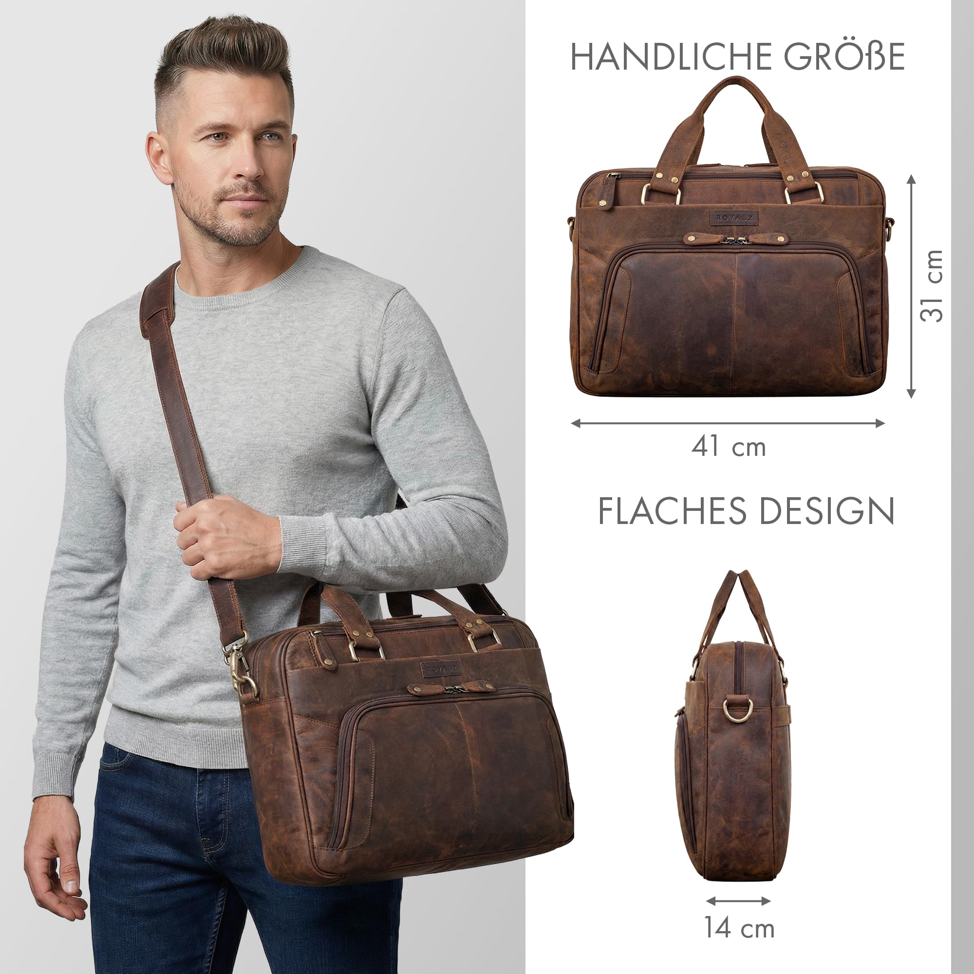 ROYALZ "Chicago Leder Umhängetasche Herren Laptoptasche 15.6 Zoll Messenger Bag Ledertasche groß Aktentasche Vintage Businesstasche für Männer Echtleder;Farbe:Schwarz