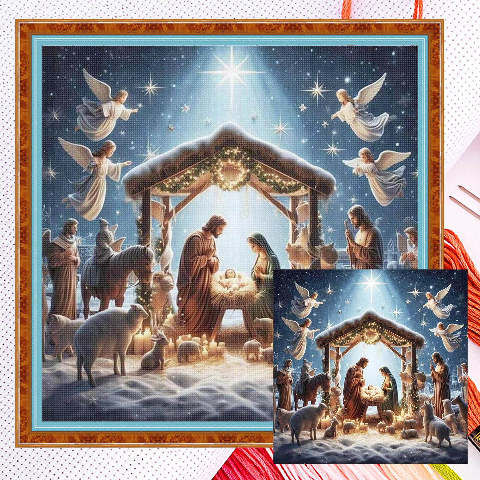 The Birth of Jesus in Cabin Full 14CT DIY Counted Cross Stitch Embroidery
