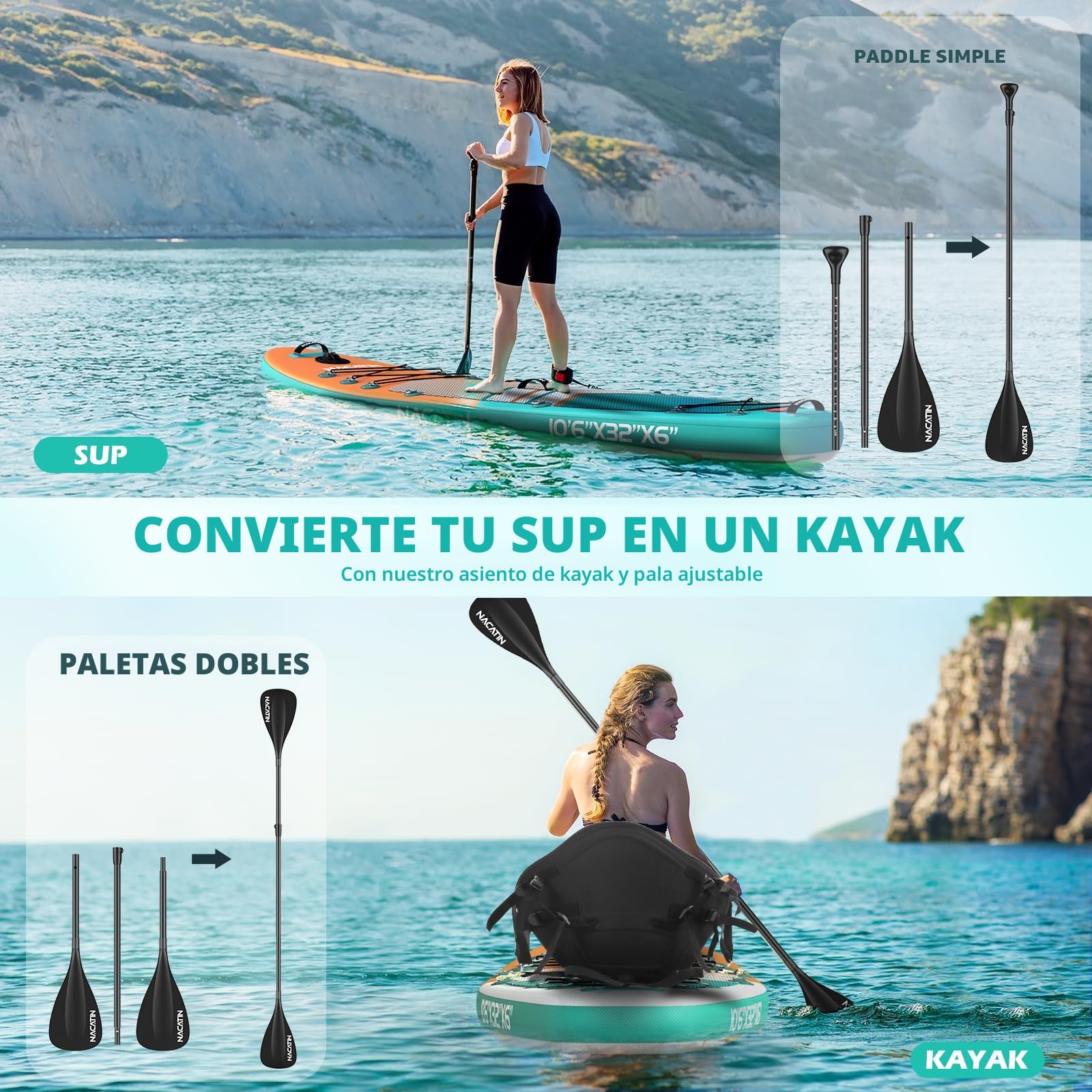 Pádel Inflable Adulto, NACATIN 10'6" Stand Up Paddle Inflable con Paleta Ajustable, Bomba, Mochila Impermeable, Ideal para Todos los Niveles de Habilidad (Asiento de Kayak Opcional Disponible)