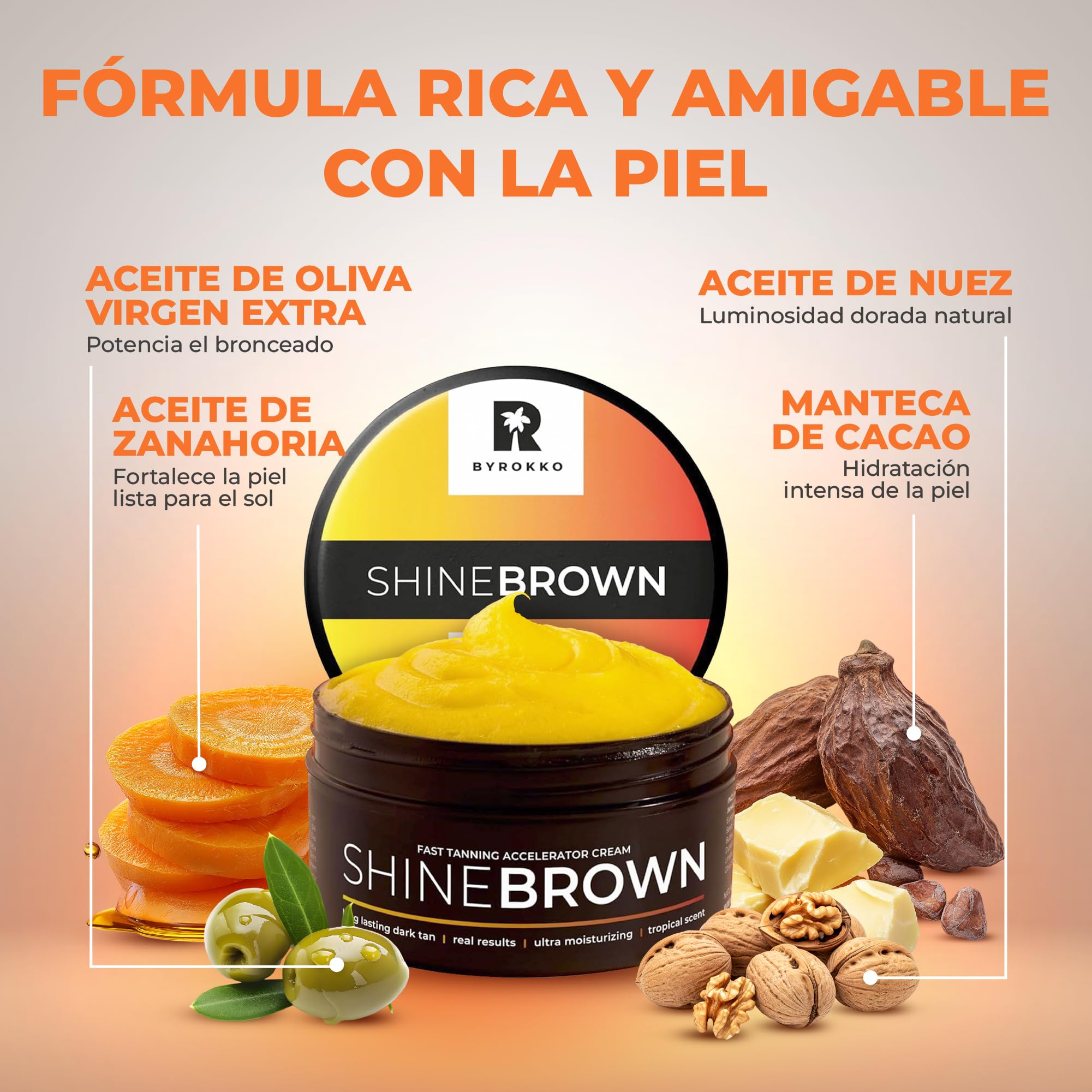 Acelerador del Bronceado BYROKKO Shine Brown 210 ml - Crema de Bronceado Rápido para Solárium y Exterior, Potenciador del Bronceado, Hidratante, Resistente al Agua, Rica en Aceites
