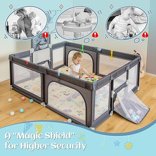 Miniatura 3 de INFANS Corralito para bebés, patio de juegos extra grande de 74 x 62 pulgadas con alfombra para gatear, 50 bolas oceánicas, 4 anillos de píldora,