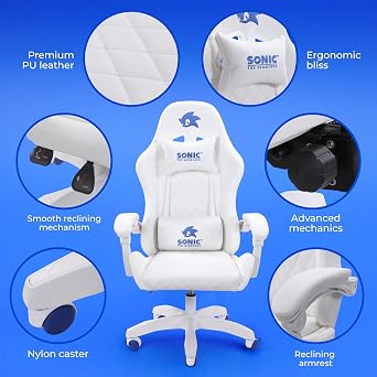 Sonic the Hedgehog Gaming Chair - Premium PU Leather, Reclining Armrest, Class 4 Gaslift, Adjustable 90-135 Degrees, Stylish Design for Adults and Teens, 260+ Lbs Capacity, Blue-White Caster