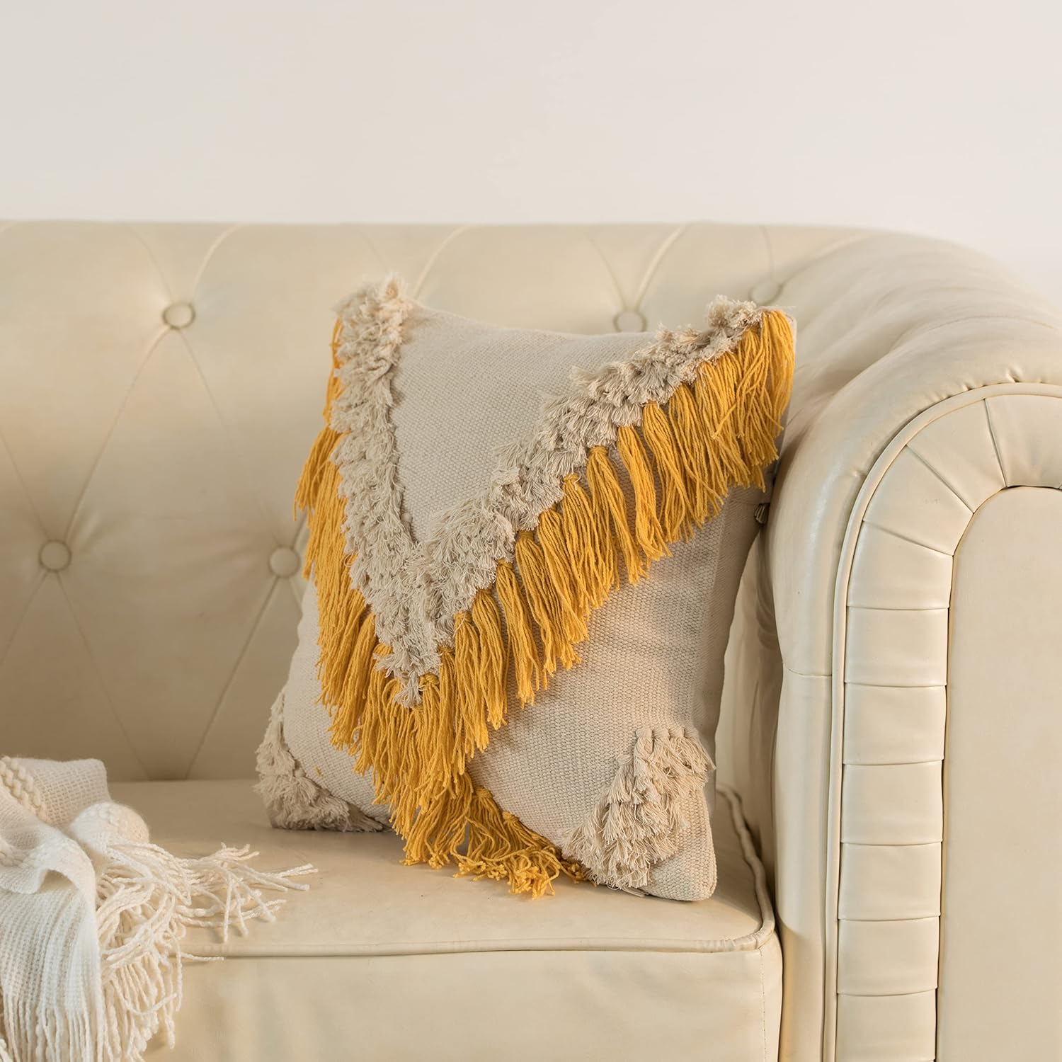 Deerlux 16" Handwoven Cotton Throw Pillow Cover with Embossed and Fringed Crossed line, Yellow