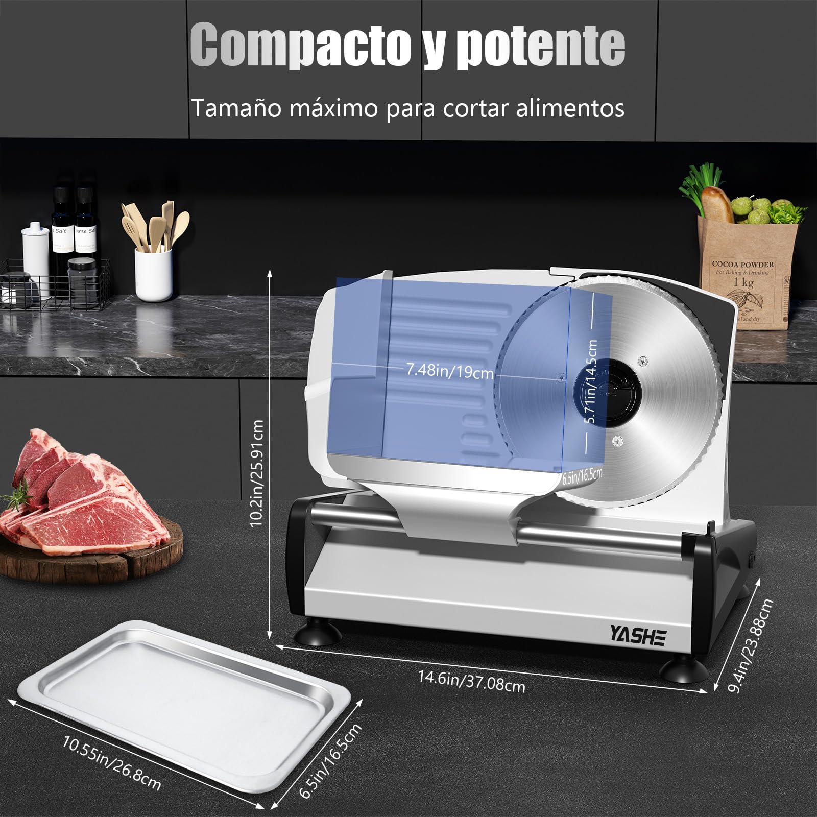 YASHE Cortadora De Fiambre Con Motor DC Silencioso, Cortafiambres Eléctrico Para Jamón 200W, Cuchillas De Acero Inoxidable Duales De 19CM, Grosor Ajustable De 0-15mm Para Carne, Queso, Pan Y Verduras