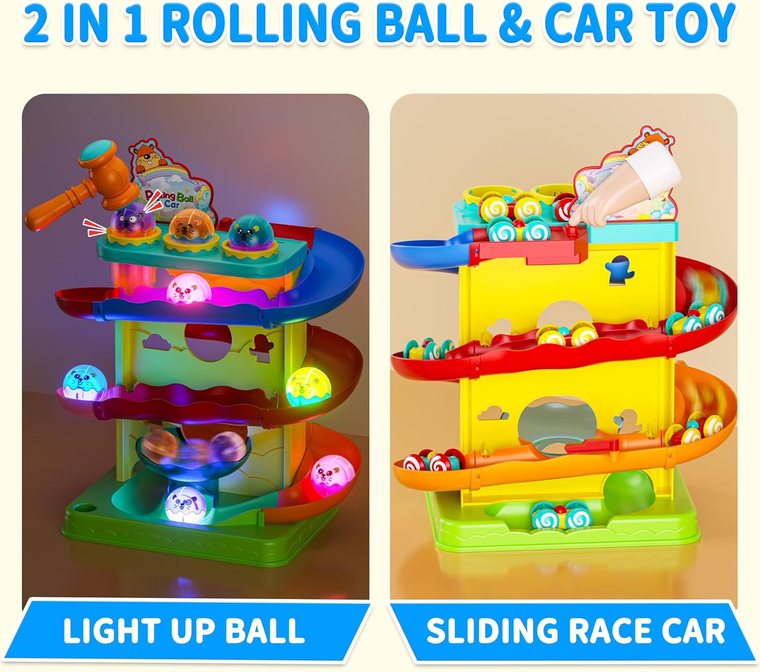 Funwee 2-in-1 Rolling Ball & Racing Car Ramp Toy for Toddlers, Race Track Hammer Lights Ball Drop, Interactive Montessori Learning Game Birthday Gift Idea for Kids 2 3 4 5+Year Old Girl Boy(Yellow)