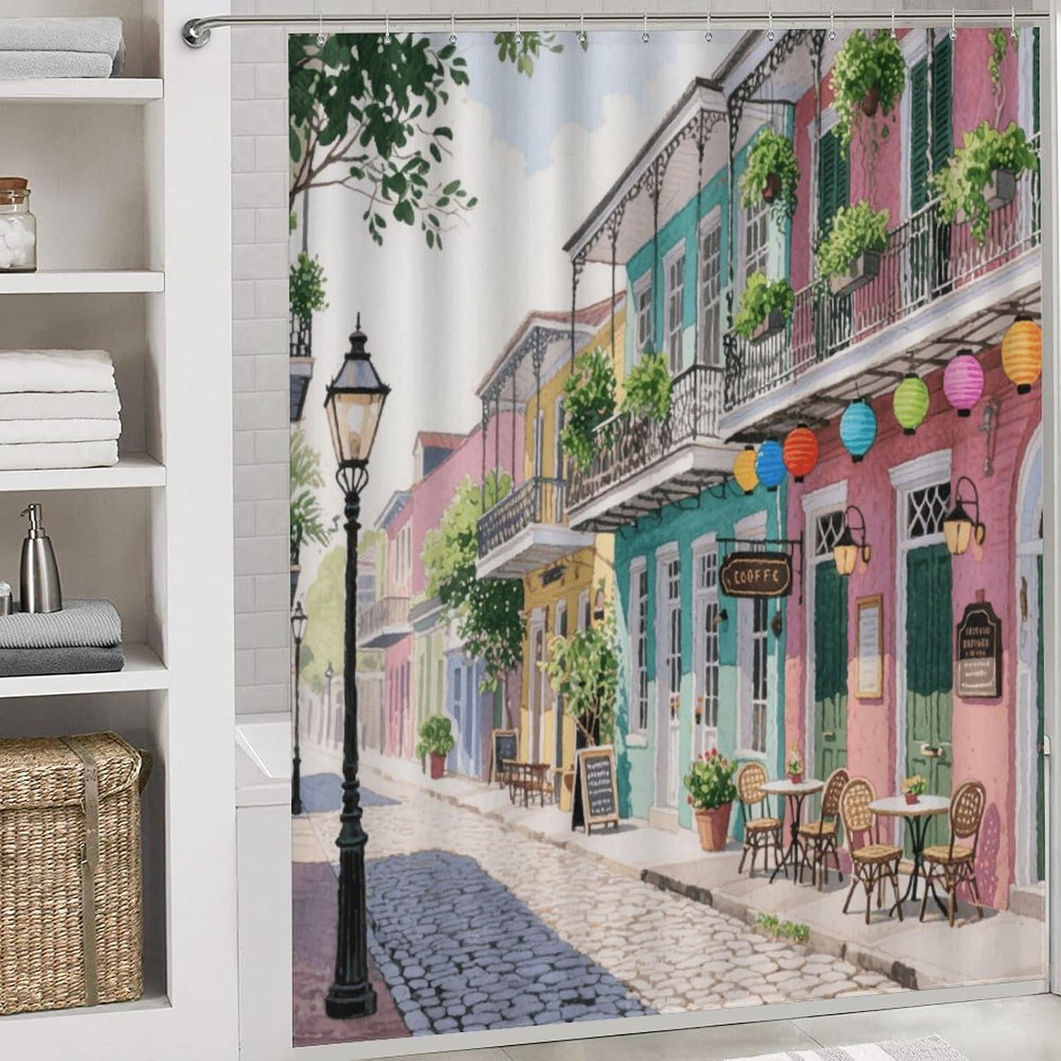 French Quarter Streets Bath Rug Set 4 Piece,Bathroom Accessories Set-Toilet Rugs U Shaped,Toilet Lid Cover,Shower Curtain and Rugs,Ultra Soft, Absorbent,Home Decor