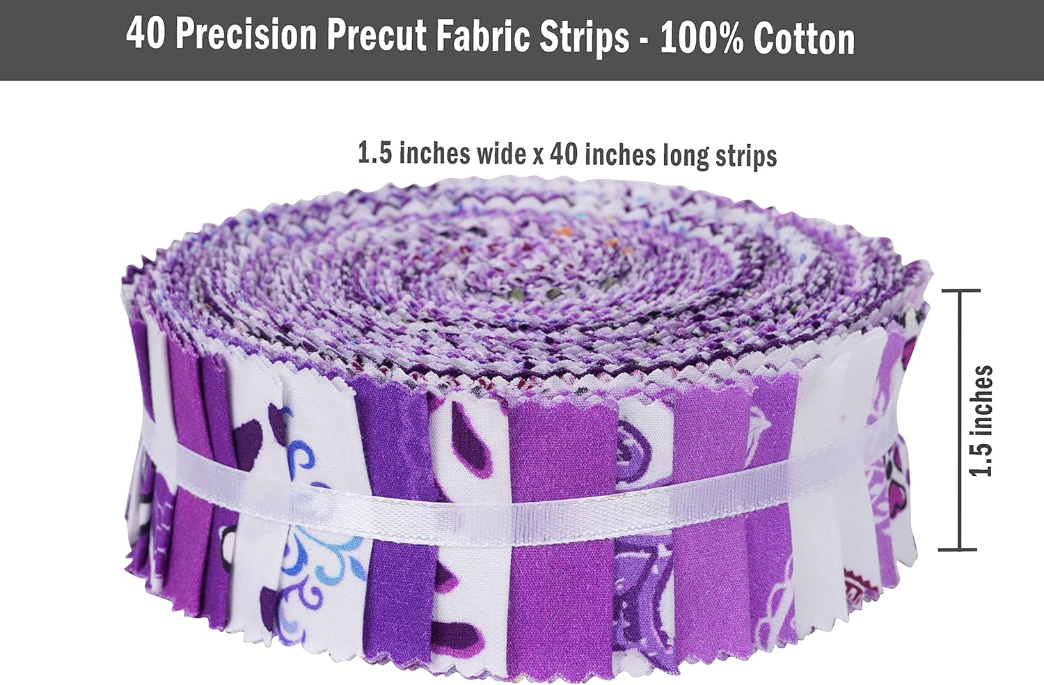 Soimoi 40Pcs Block Print Precut Fabrics Strips Roll Up 1.5x42inches Cotton Jelly Rolls for Quilting - Purple
