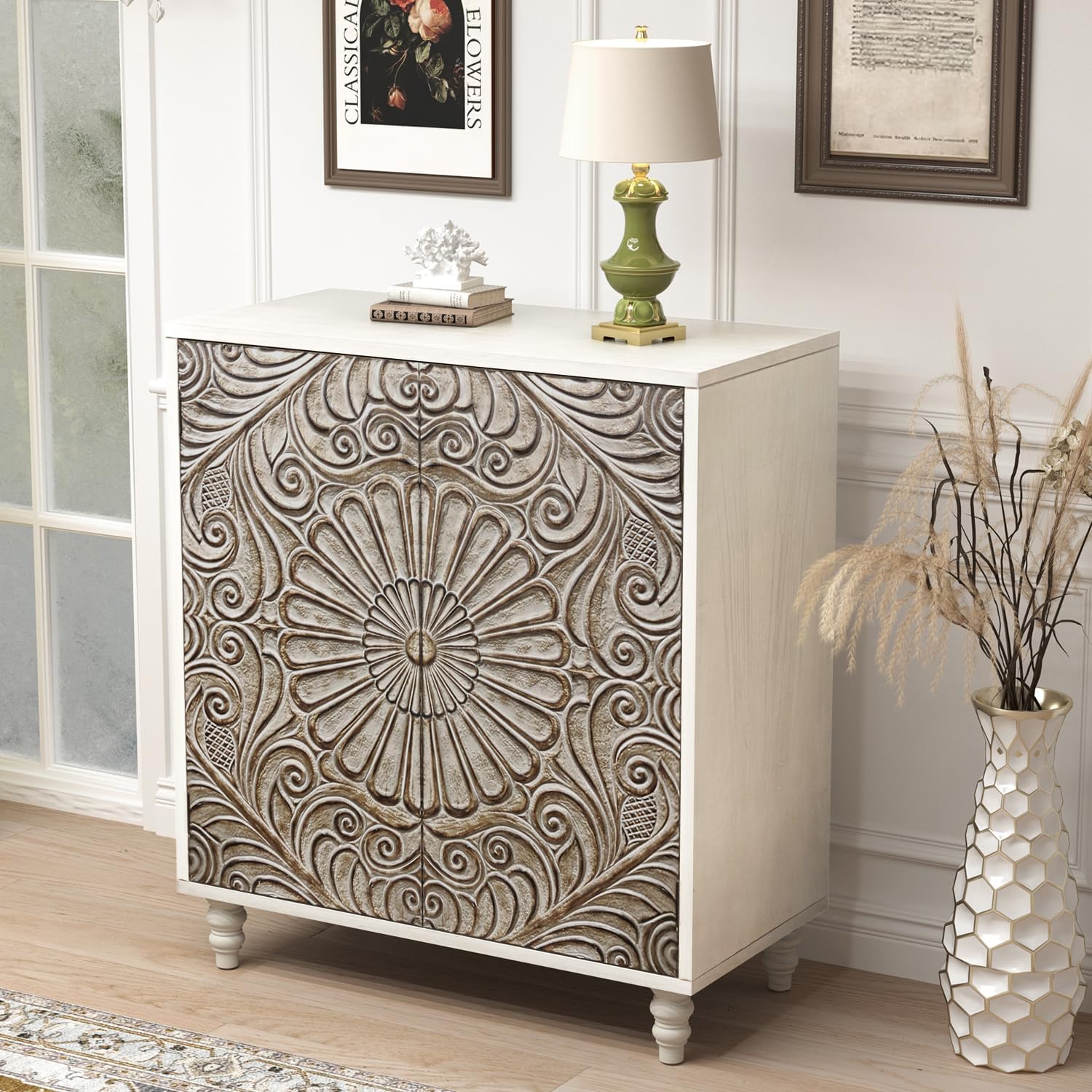 COSIEST 32" Vintage Sideboard Buffet Cabinet with Storage, Push-to-Open Glass Doors, Flower Pattern Gray MDF for Living Room Kitchen