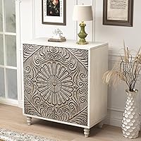 COSIEST 32" Vintage Sideboard Buffet Cabinet with Storage, Push-to-Open Glass Doors, Flower Pattern Gray MDF for Living Room Kitchen