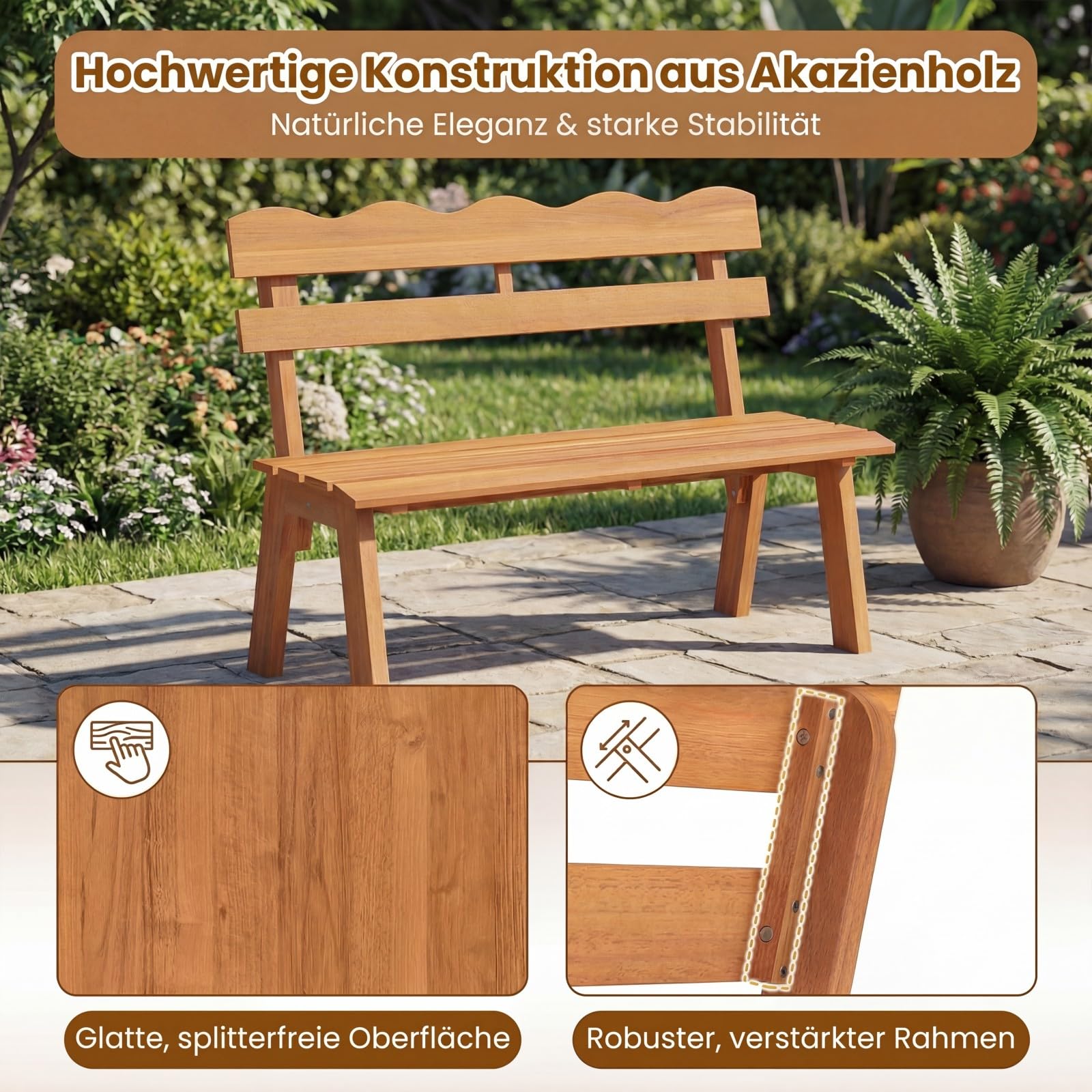 DREAMADE Gartenbank aus Akazienholz, Outdoor Sitzbank für 2 Personen mit ergonomischer Rückenlehne & Latten-Sitz, Parkbank bis zu 360 kg belastbar, Holzbank für Terrasse, Veranda & Balkon, Natur