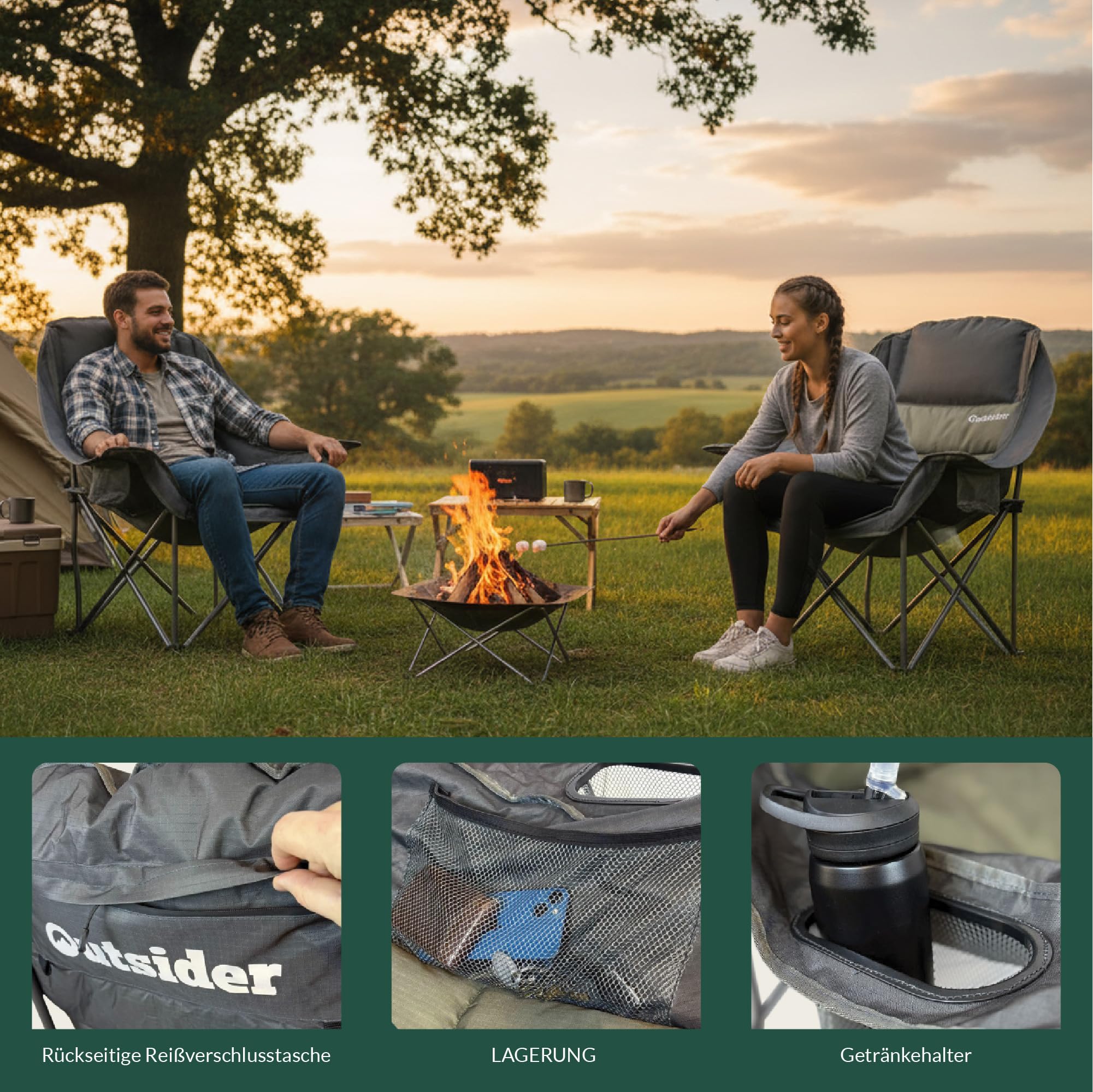 OUTSIDER Übergroßer Campingstuhl 180KG Gepolsterter Klappstuhl Campingsofa mit Getränkehalter hoher Rückenlehne für Outdoor Indoor Camping Garten