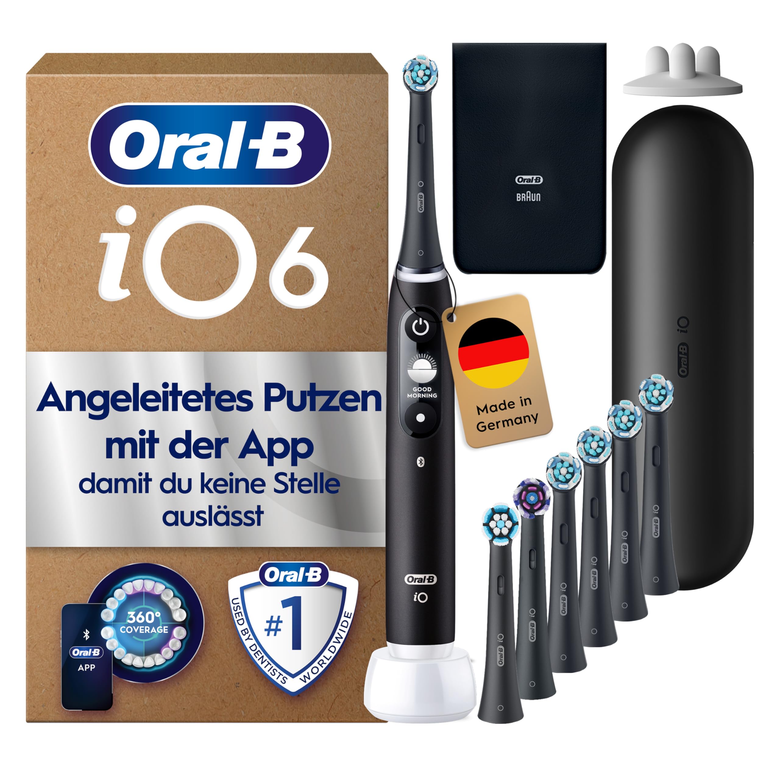 Oral-B iO Series 6 Elektrische Zahnbürste Schwarz PLUS Ausgewählte Original Oral-B iO Aufsteckbürsten Schwarz 7x