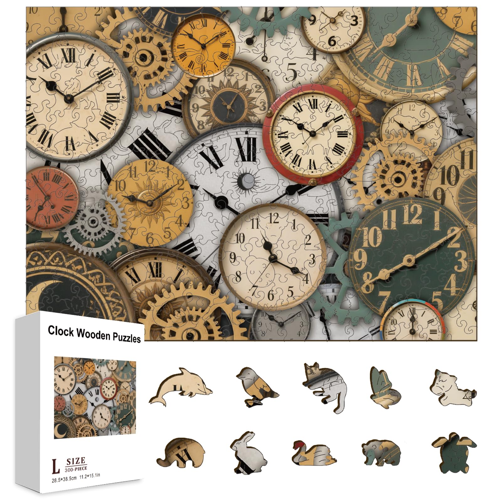 GLOBLELAND 300Pcs Retro Clock Wooden Jigsaw Puzzles for Adults 15.2x11.2inch Full-Screen Clock Colorful Unique Animal Shaped Jigsaw Puzzles for Holidays Anniversary Birthday Gifts