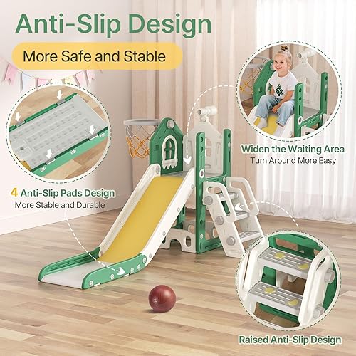 Miniatura 2 de BIERUM - Tobogán 5 en 1 para niños pequeños - Tobogán en forma de L para niños de 1 a 3 años con aro de baloncesto, juguete telescópico y