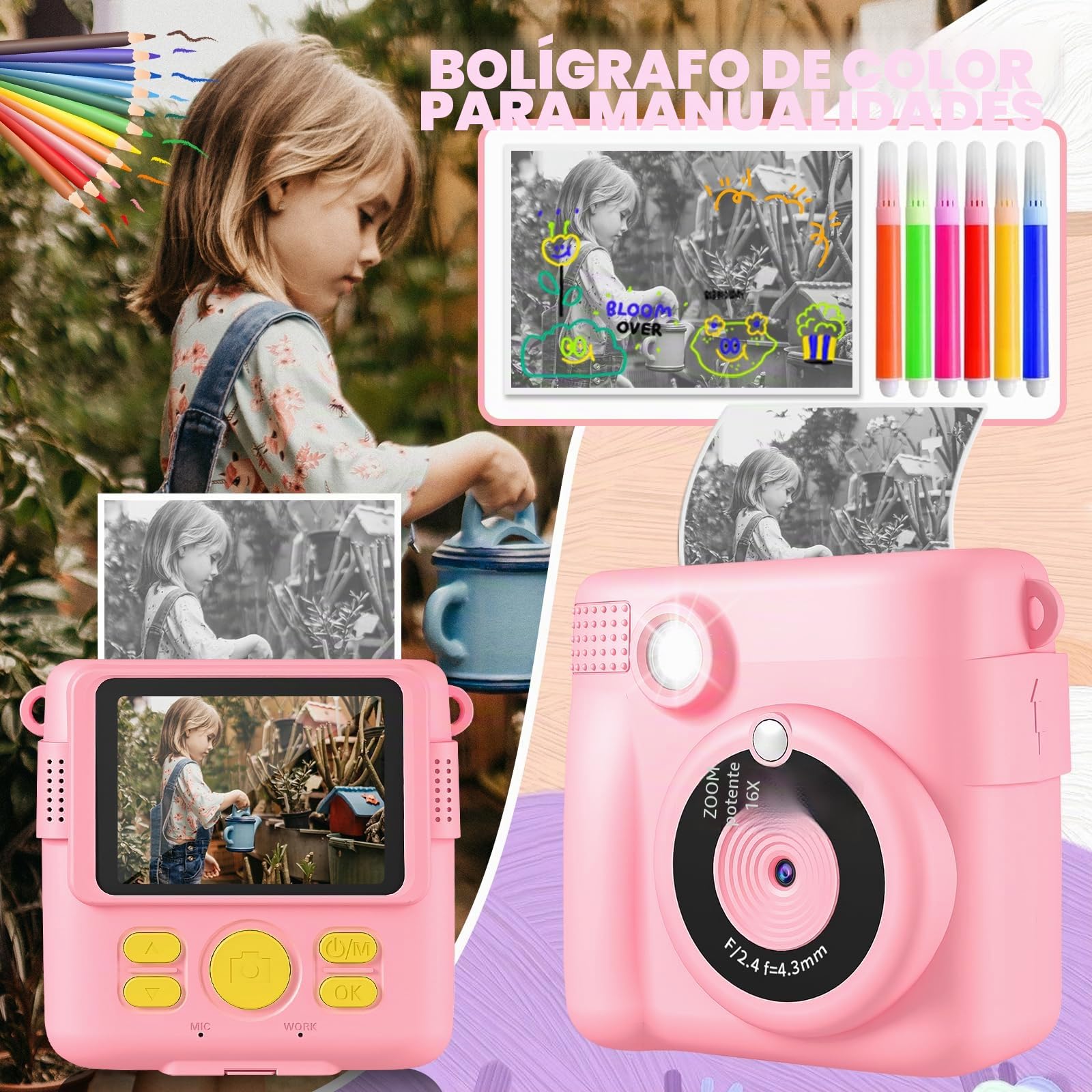 CHRERNA Camara Fotos Infantil Instantanea, 2,4" HD Camara Fotos Infantil, 1080P Cámara Instantánea con Tarjeta de 32GB y Papel de Impresión, Regalo para Niños y Niñas 3 a 12 Años