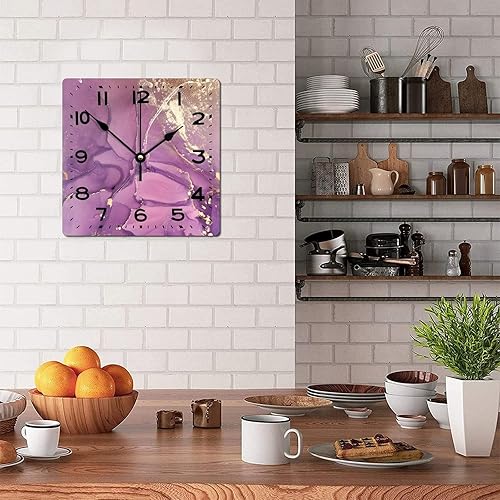 Miniatura 4 de Reloj de pared de madera púrpura y dorado con textura de purpurina de 15 pulgadas, reloj de pared de madera cuadrado clásico con números grandes,