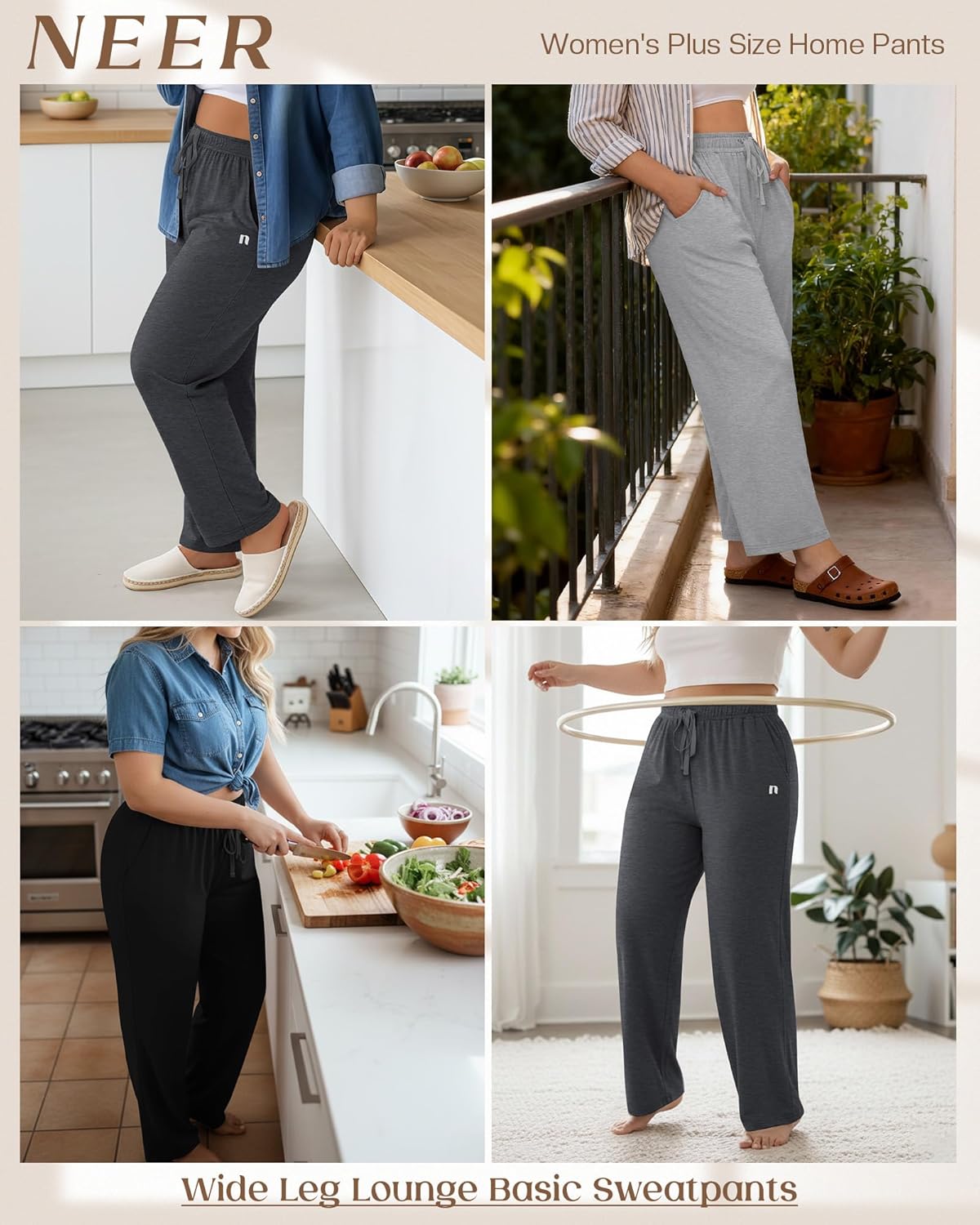 Neer 3 Pack Women's Plus Size Pants Wide Leg Sleep Yoga Pants Loose Drawstring Casual Baggy Sweatpants with Pockets - Image 4