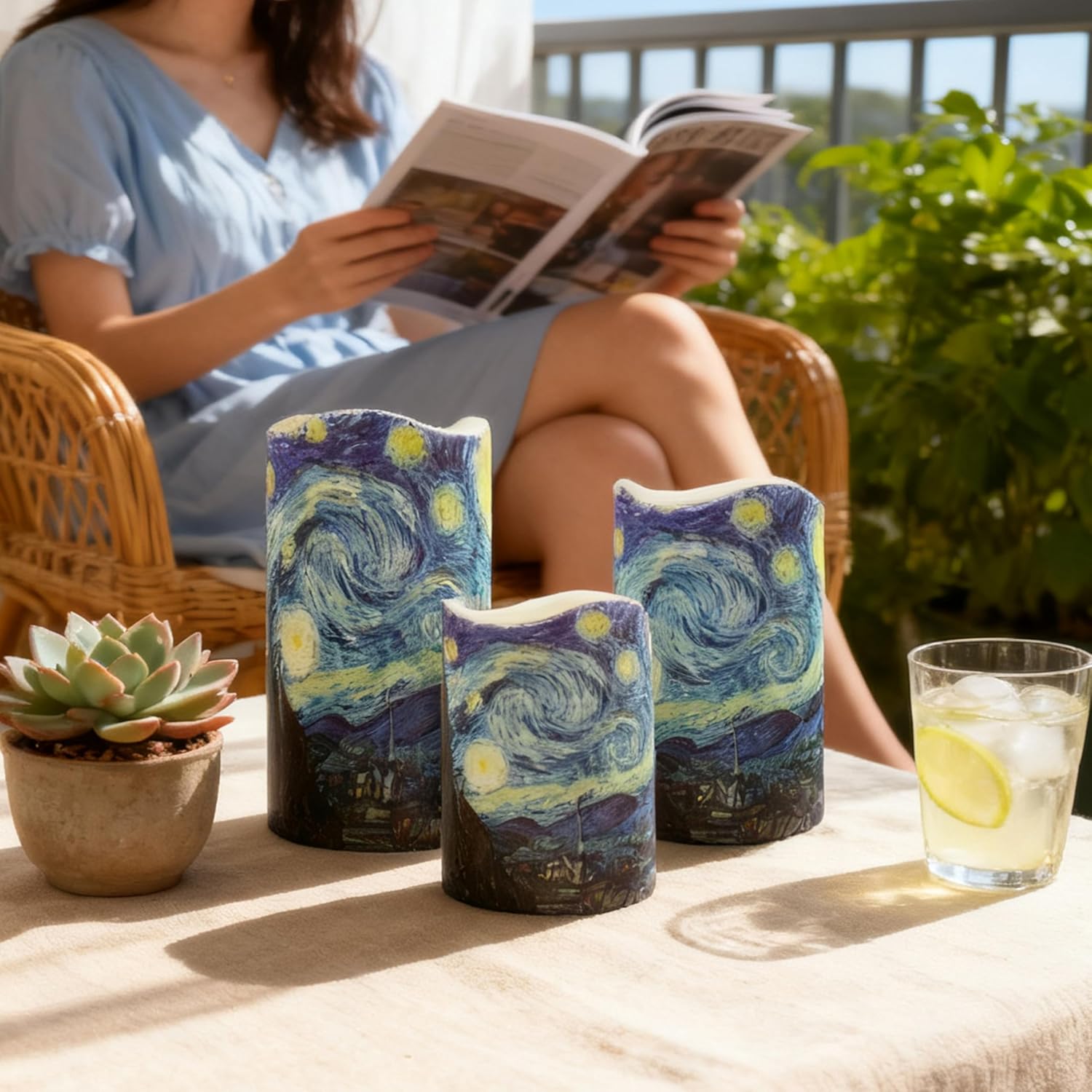 Flameless Candles 4" 5" 6" Set of 3 Indoor Outdoor Pillars Battery Operated Flickering Candles 10-Key Remote Timer Van Gogh Art Painting Style(Starry Night Printed)