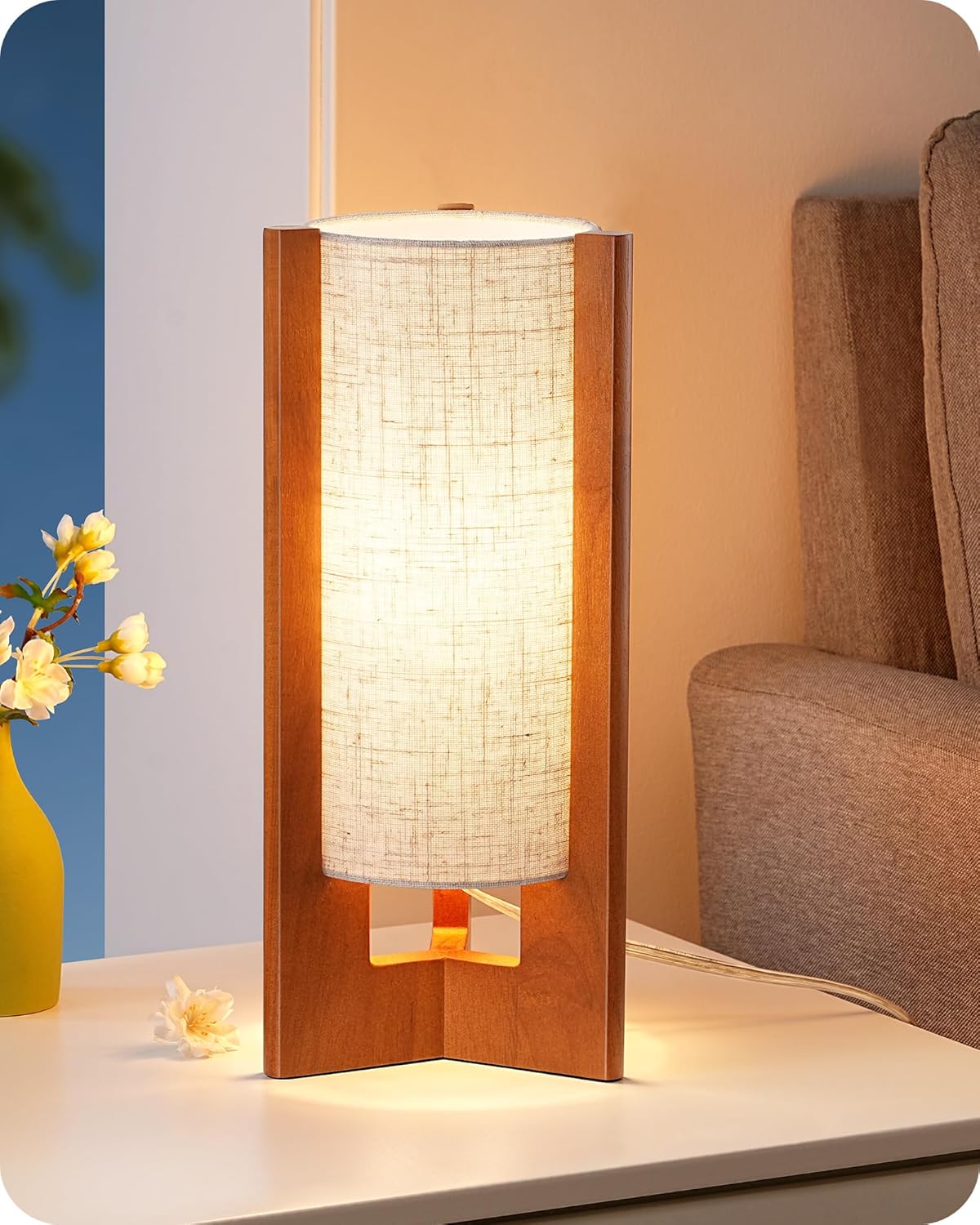 EDISHINE 13.5" Small Table Lamp, Walnut Wood Cylinder Nightstand Lamp for Bedroom, Beige Linen Shade, Corner Modern Bedside Lamp for Living Room, On-Off Line Switch, E26 Base (Bulb Not Included)