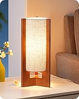 EDISHINE 13.5" Walnut Wood Small Table Lamp - Modern Cylinder Nightstand Lamp with Beige Linen Shade for Bedroom, Living Room, E26 Base