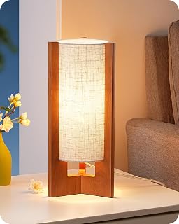 EDISHINE 13.5" Walnut Wood Small Table Lamp - Modern Cylinder Nightstand Lamp with Beige Linen Shade for Bedroom, Living Room, E26 Base