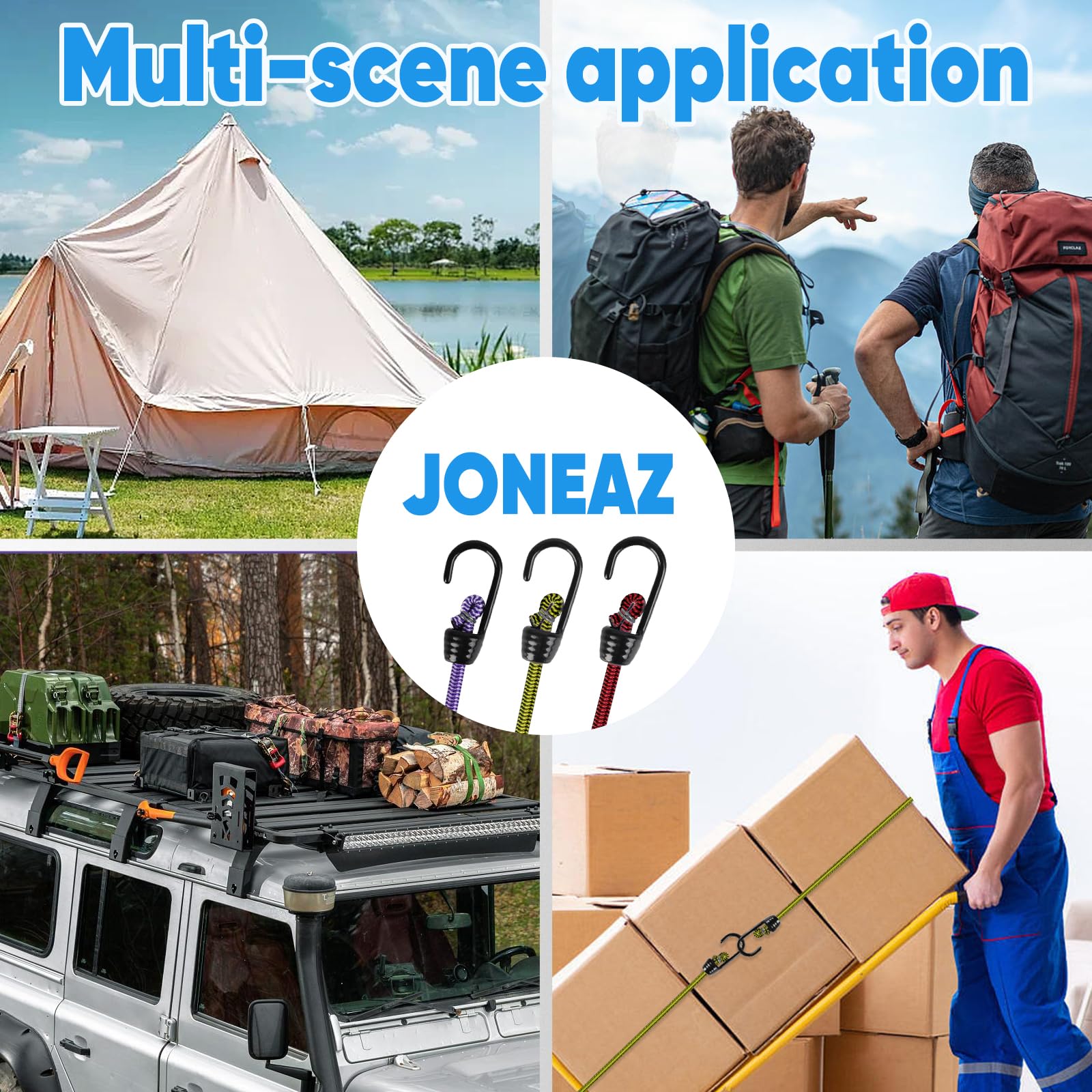 Joneaz Bungee-Seile Set – 16 Stück Mit Haken, Verschiedene Längen (30-107 Cm), Bis 81,6 Kg Zugfestigkeit