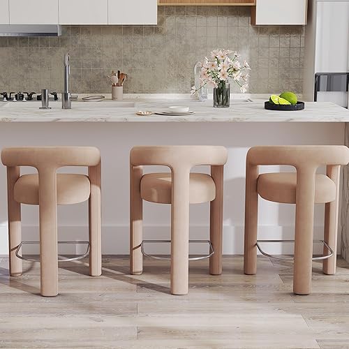 HNY 26 Inch Modern Tall Barrel Bar Stools Set of 3, Velvet Upholstered Barstools with Open Backs, Counter Height Bar Stools Chairs with Armrest for Kitchen Island, Khaki