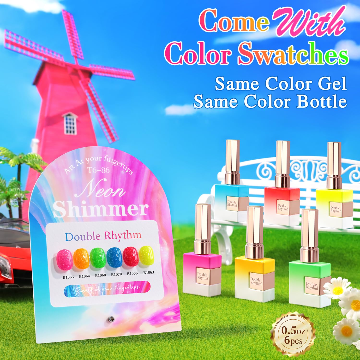Double Rhythm 6 Pcs 15 ML Glitter Gel Polish Set Same Color Same Bottle Soak Off Gel Polish Kit Nail Art Manicure Salon DIY at Home (Shimmer Neon Yellow Orange Green Blue Pink-T6-86)