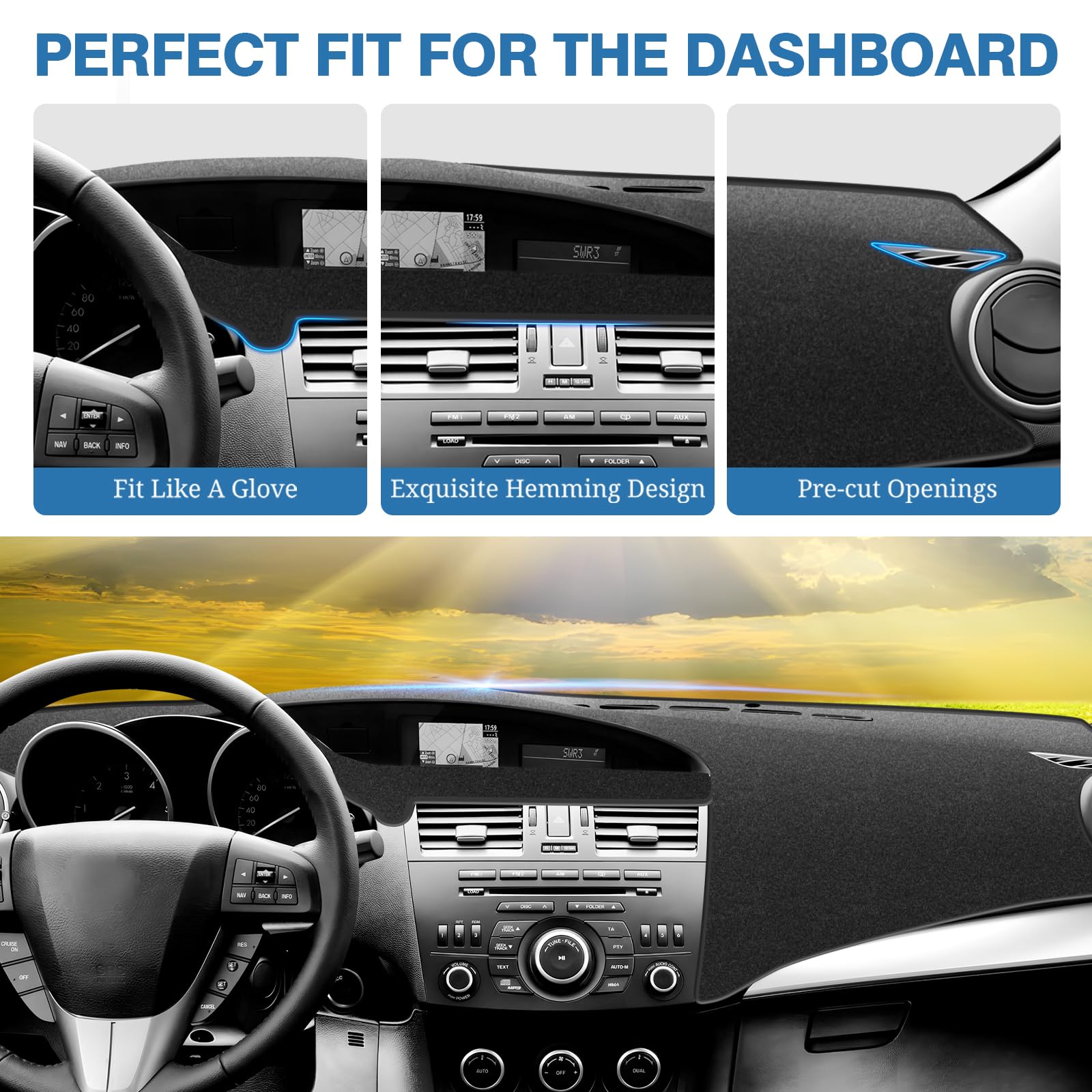 FIILINES Cubierta de tablero para Mazda 3 Sedán, Hatchback y MazdaSpeed3 2010-2013, alfombrilla de salpicadero para Mazda 3, accesorios, tapete para salpicadero, tapete para salpicadero, protector de