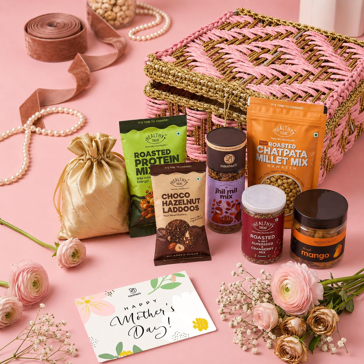 Shakambaris Mom’s Love Hamper | Mother’s Day Gift Box with Protein Mix, Chocolate Hazelnut Laddoos, Seed Mix, Millet Snacks & Dried Mango | Scented Candle & Pink Gift Basket-picture-12