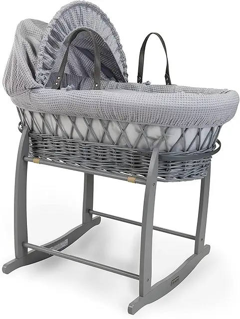 Grey Wicker Moses Basket Bassinet with Rocking Stand - Clair de Lune