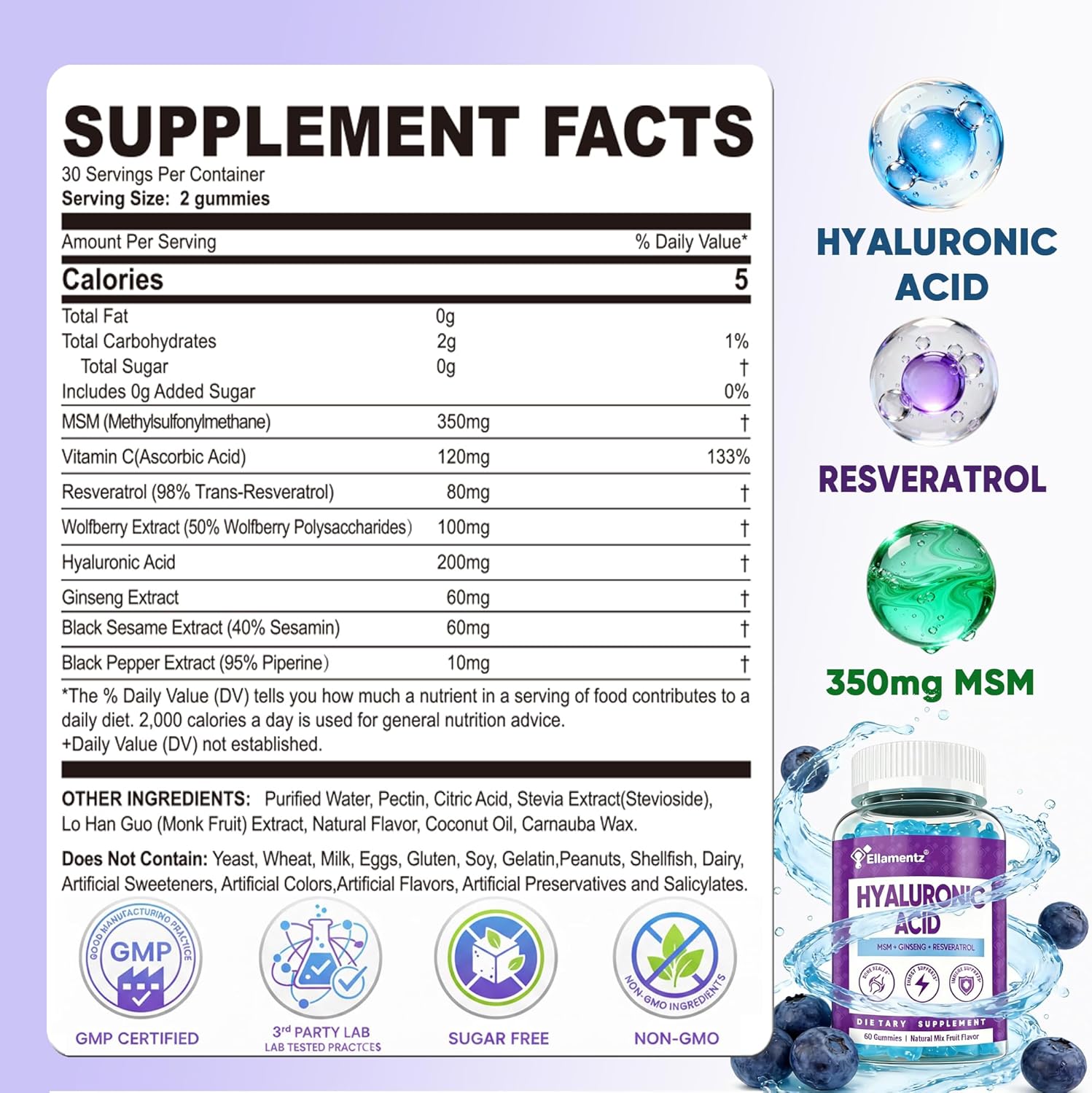7-in-1 Sugar Free Hyaluronic Acid Supplements with MSM, Resveratrol, Ginseng, Vitamin C Gummies for Skin Health & Deep Hydration, 120 Counts - Image 2