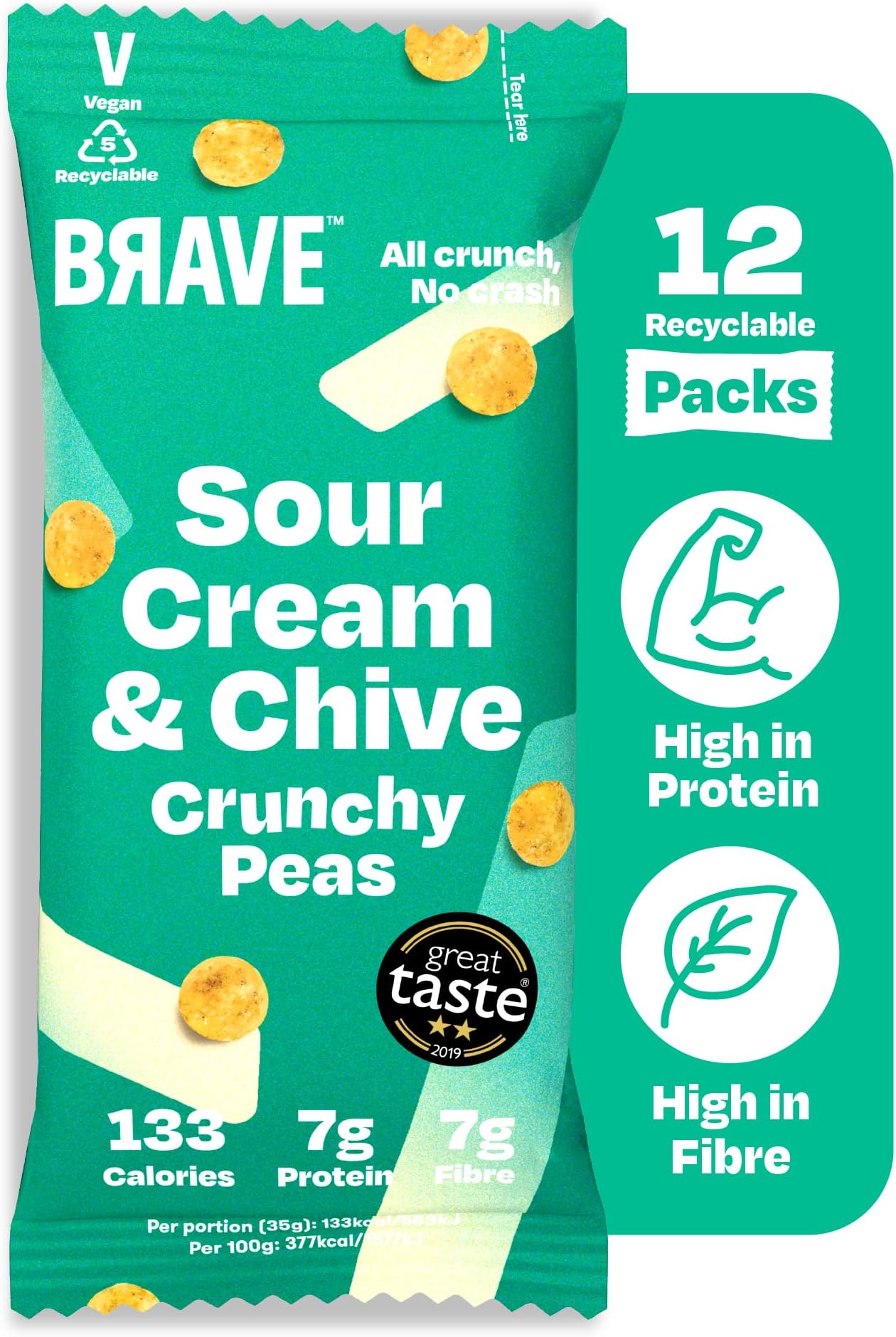 BRAVE Roasted Peas: Healthy Snack, High Protein, Low Calorie - Sour Cream & Chive (12 x 35g Packs)