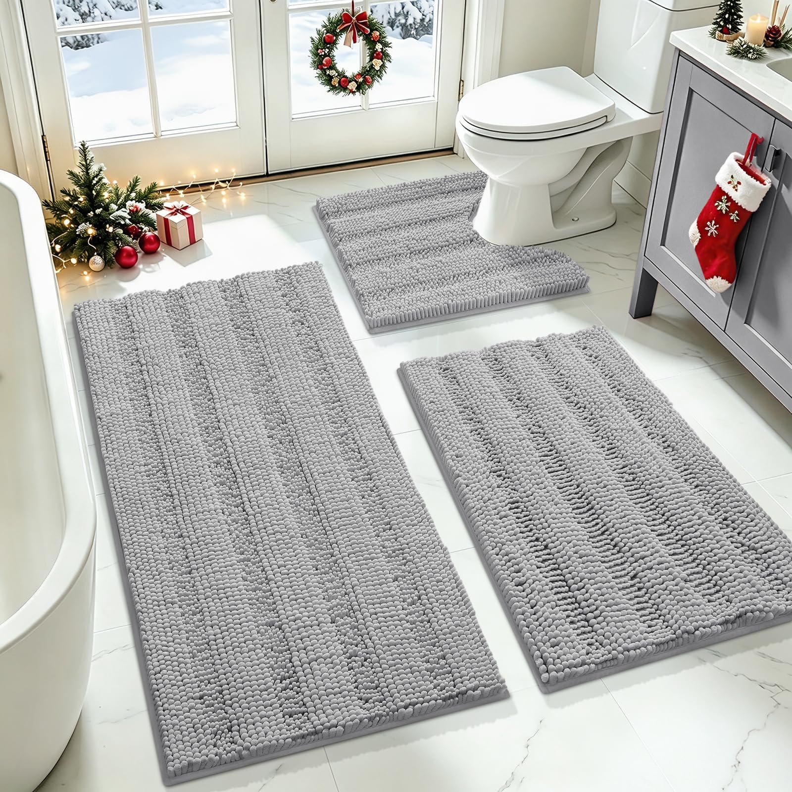 ACCUMTEK Striped Light Grey Bathroom Rug Set 3 Pieces Gray Ultra Soft, Non Slip Chenille Toilet Mat, Absorbent Plush Shaggy Bath Mats for Bathroom, Bedroom, Kitchen