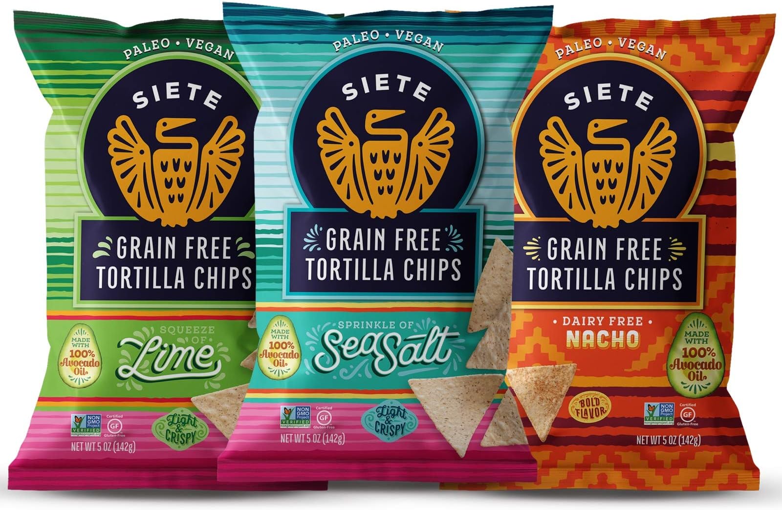 Grain Free Tortilla Chips | Gluten Free Chips | Paleo & Vegan Snacks | Non GMO | Variety Pack, Lime, Sea Salt, Nacho, 5 Ounce (Pack of 6)