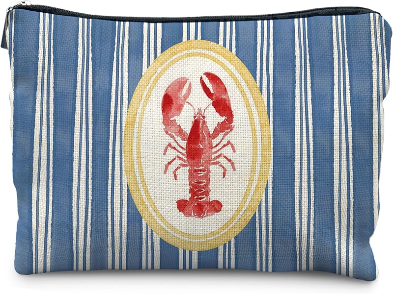 Necessaire de maquiagem OHDCE com estampa de lagosta, listras azul-marinho e zíper