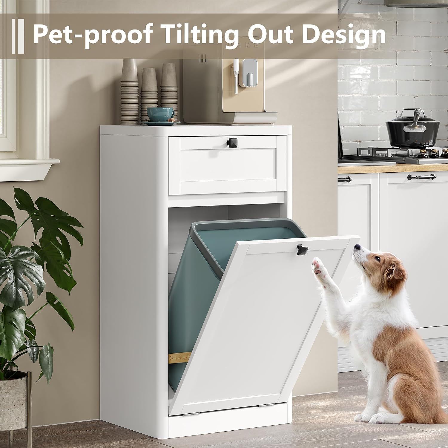Furniouse 13 Gallons Tilt Out Trash Can Cabinet, Freestanding Trash Babinet Wood Garbage Can Cabinet with 1 Drawer for Kitchen, Living Room, White
