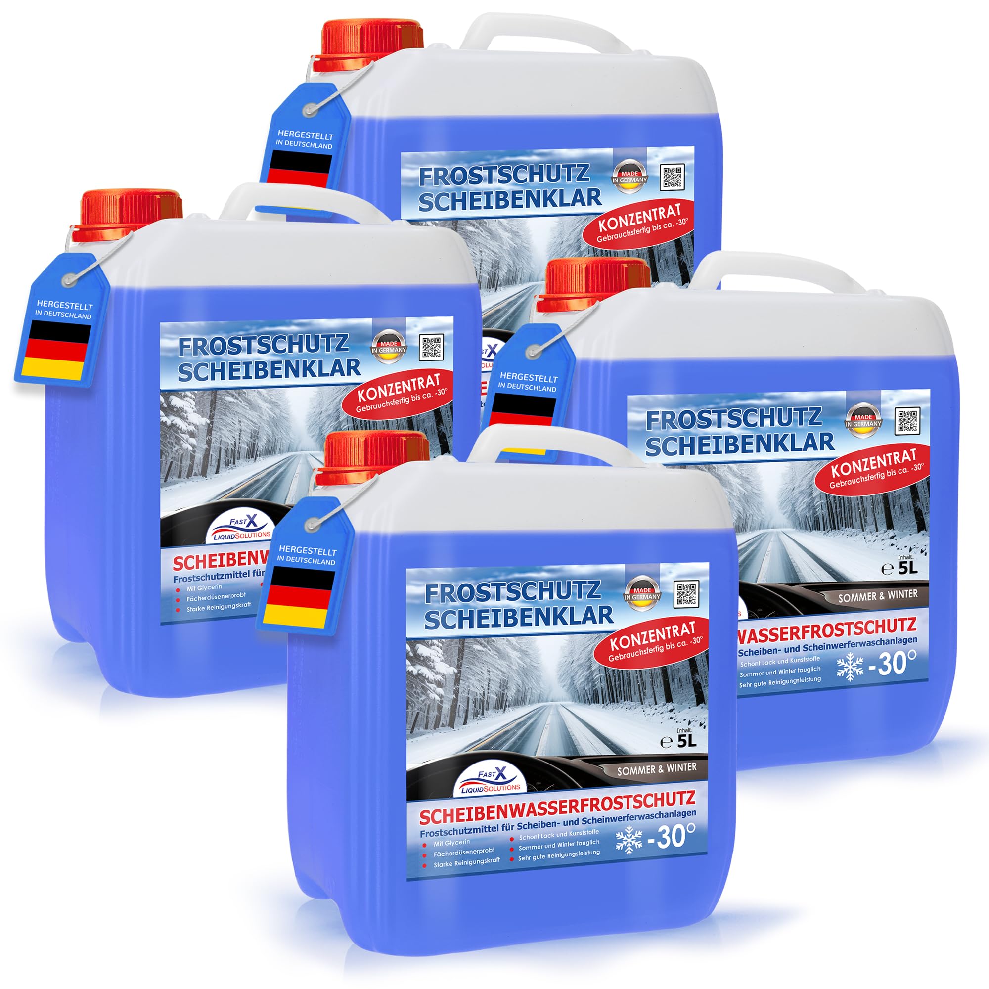 FAST X Scheibenfrostschutz/Scheibenwischwasser für Auto/LKW– 5 Liter Kanister– Winter und Sommer – Schutz bis -30°C (5 Liter) (4x5 Liter)