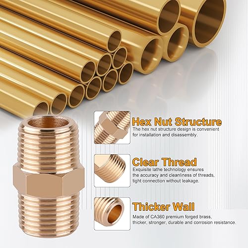 Miniatura 10 de KOOTANS 12 piezas de accesorios de tubería de latón, boquilla hexagonal NPT, acoplamiento, tubo macho NPT de 14 pulgadas x 14 pulgadas, juego de
